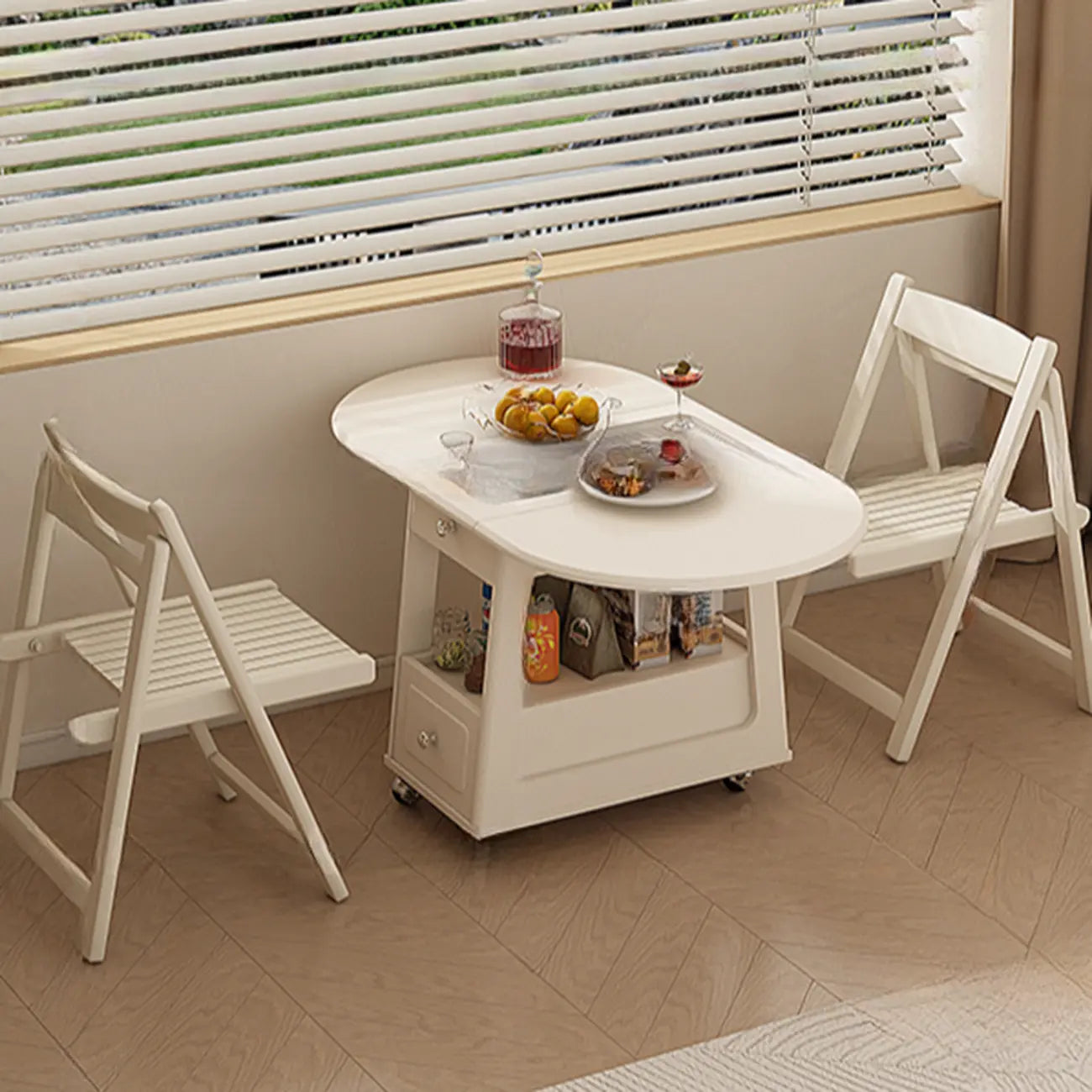 Foldable Wood White Modern Wheeled Small Side Table