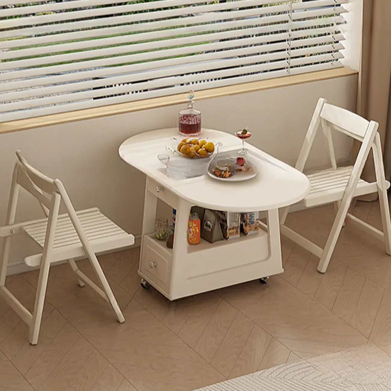 Foldable Wood White Modern Wheeled Small Side Table