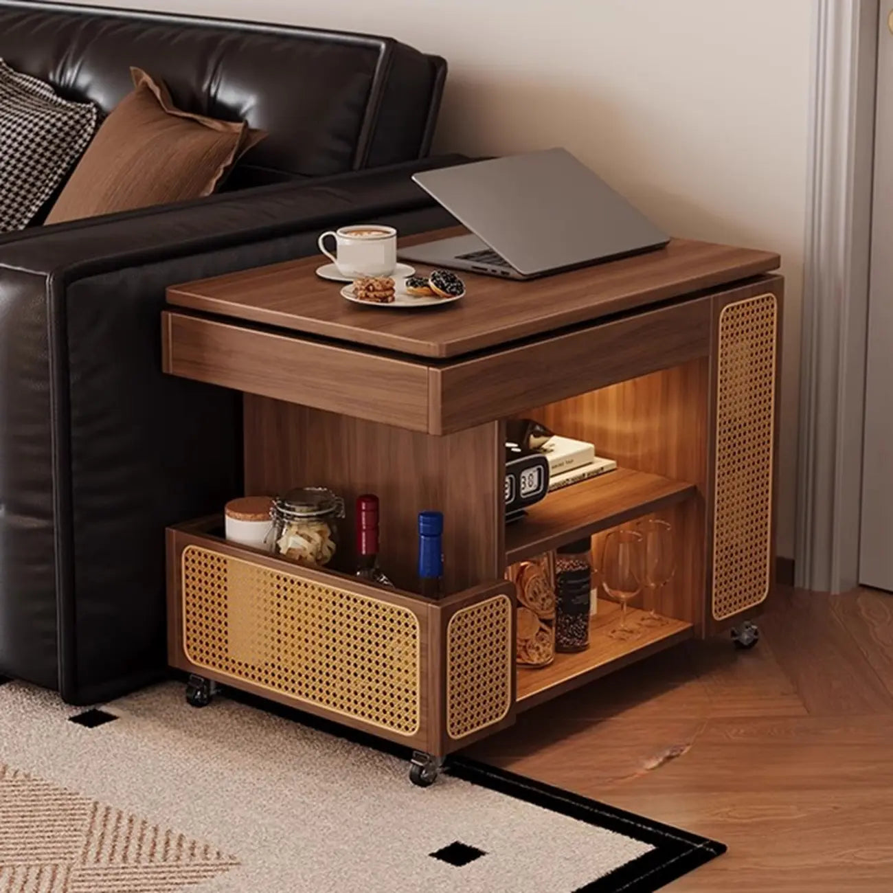 Nut-brown Adjustable Lift Top Wood Trolly Side Table