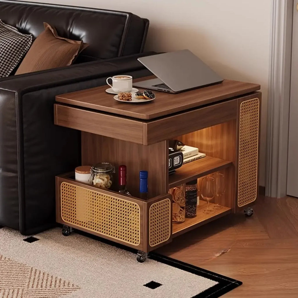 Nut-brown Adjustable Lift Top Wood Trolly Side Table