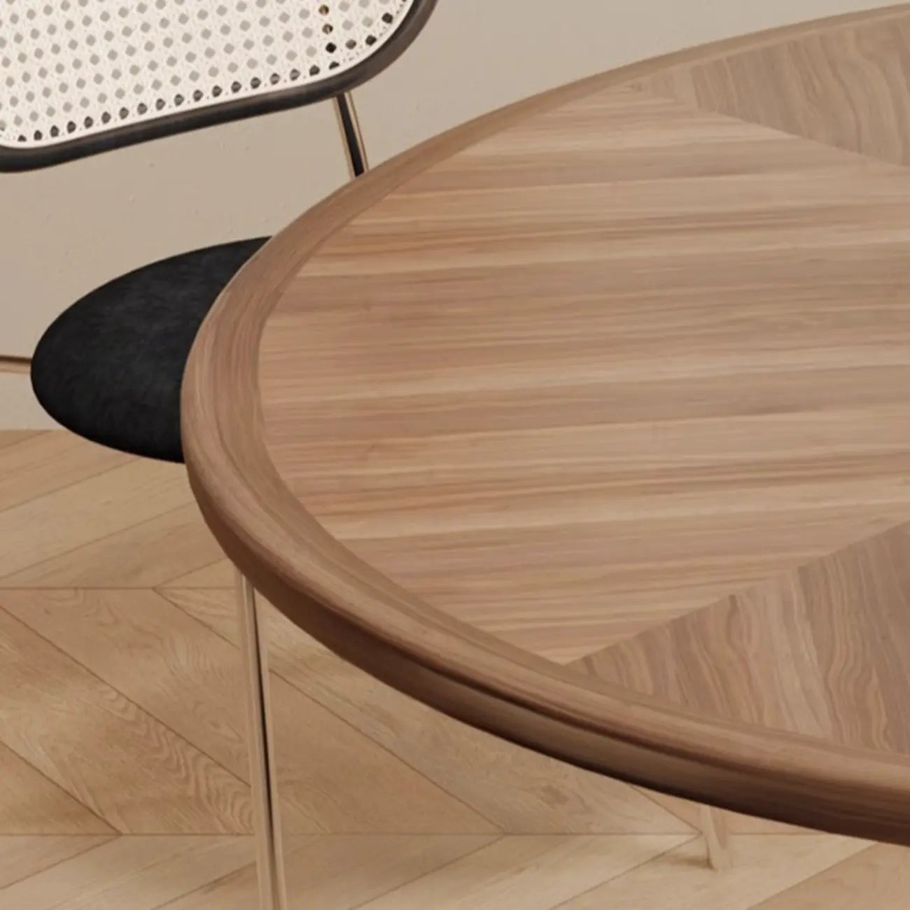 Art Deco Circular Dining Table with Brown Natural Wood Fixed Tabletop