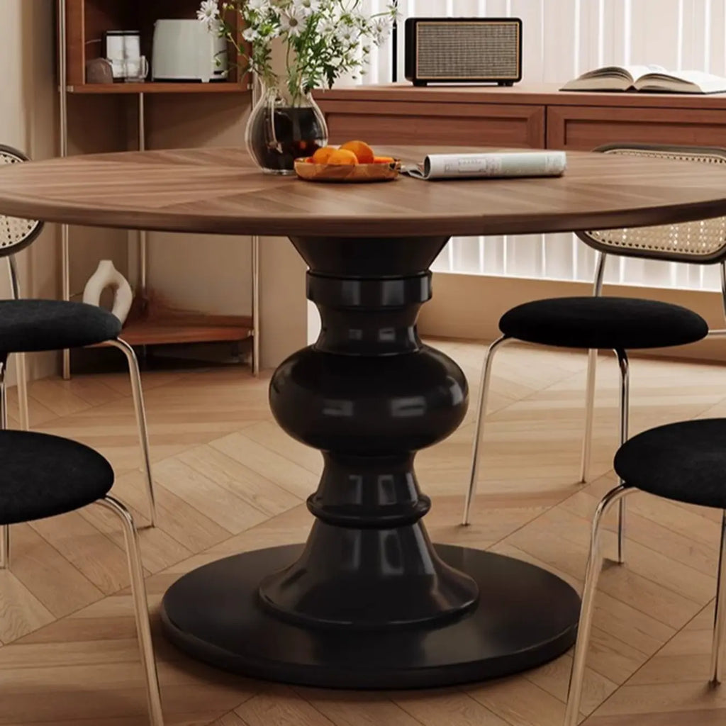 Art Deco Circular Dining Table with Brown Natural Wood Fixed Tabletop