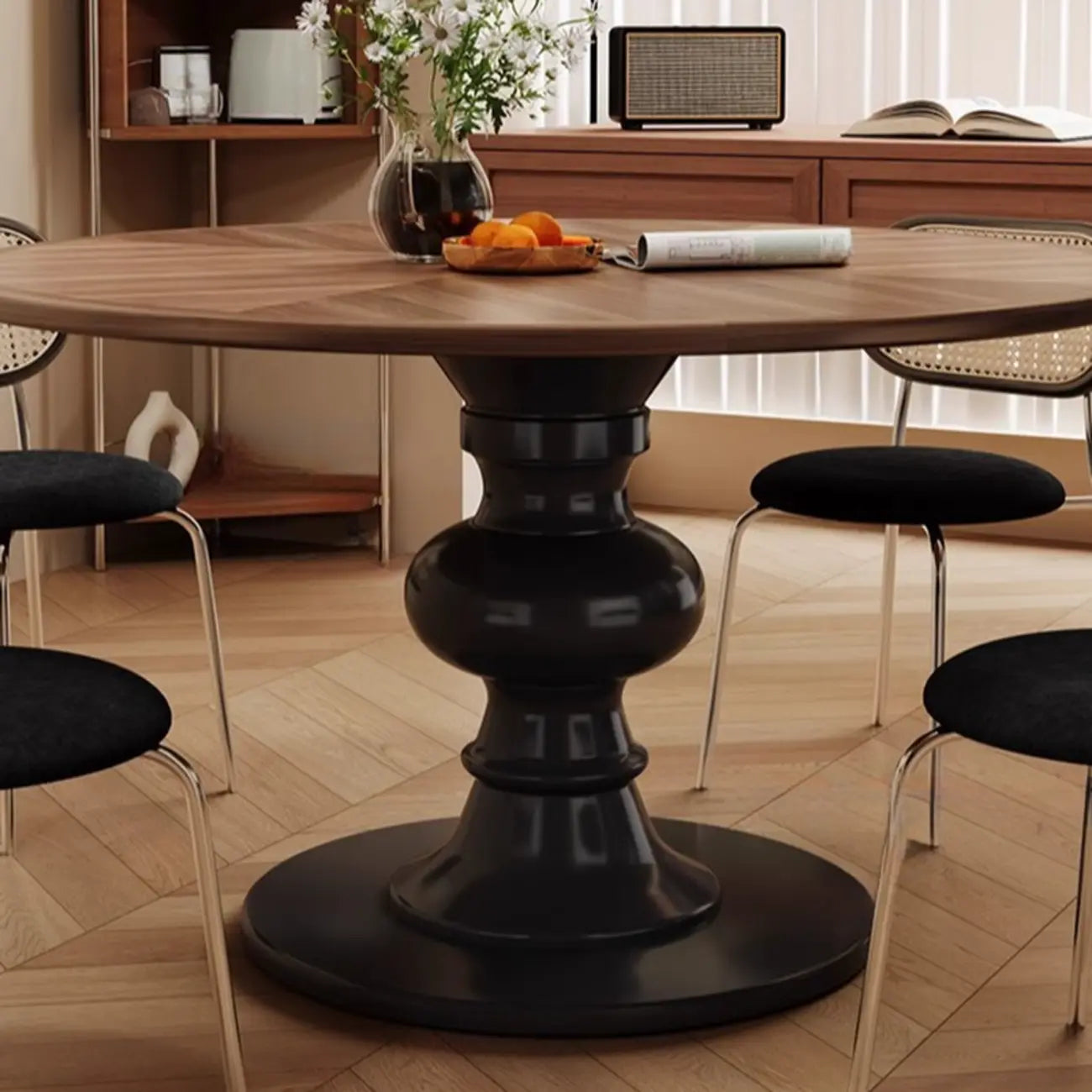 Art Deco Circular Dining Table with Brown Natural Wood Fixed Tabletop