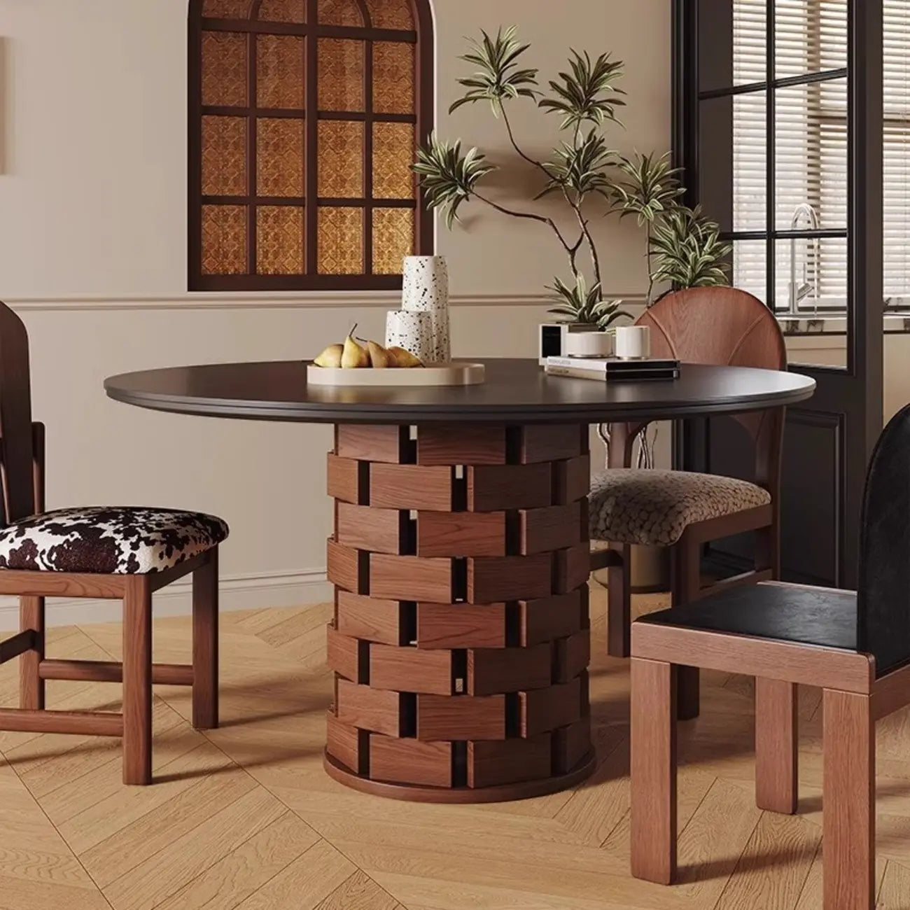 Modern Round Pedestal Dining Table with Slate Top