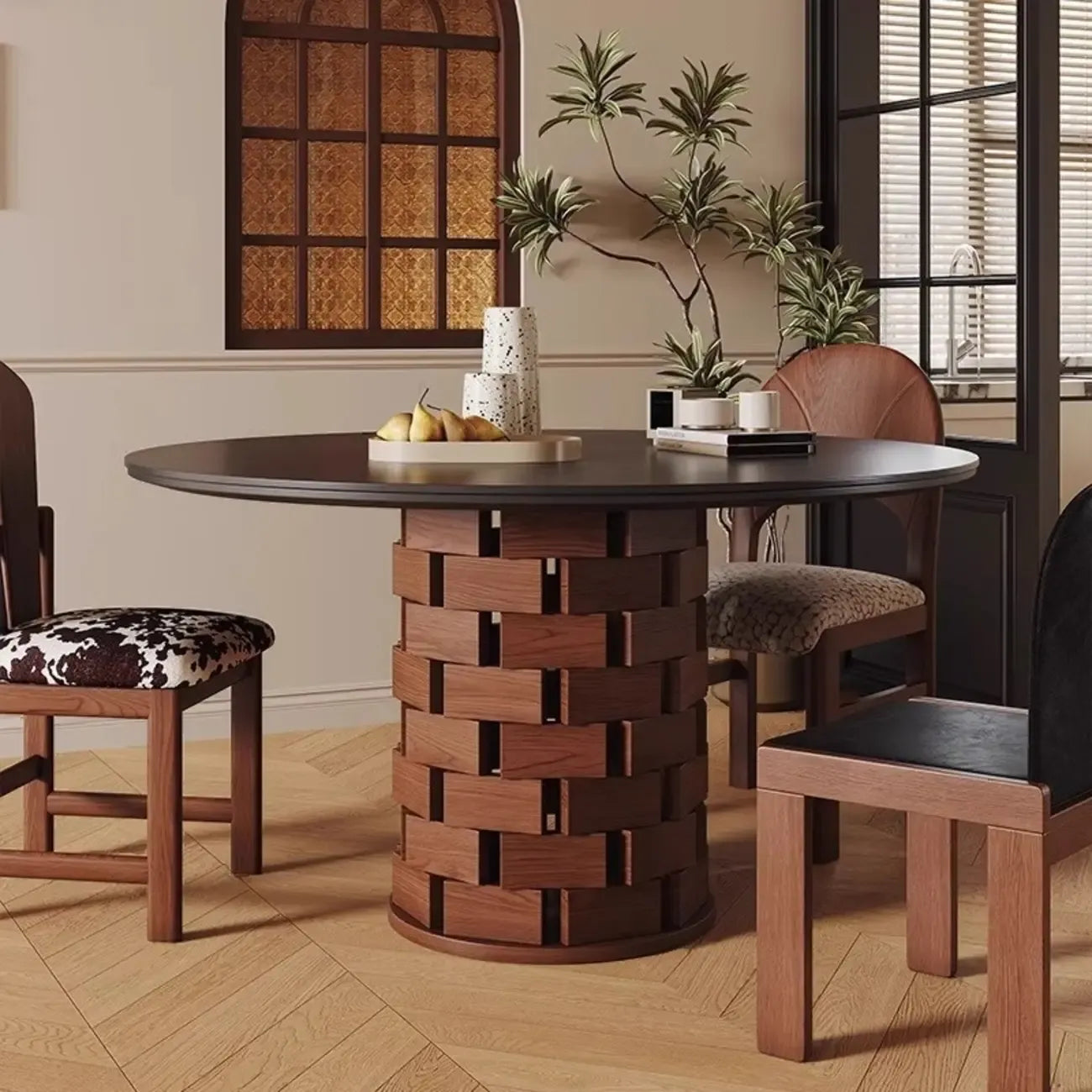 Modern Round Pedestal Dining Table with Slate Top
