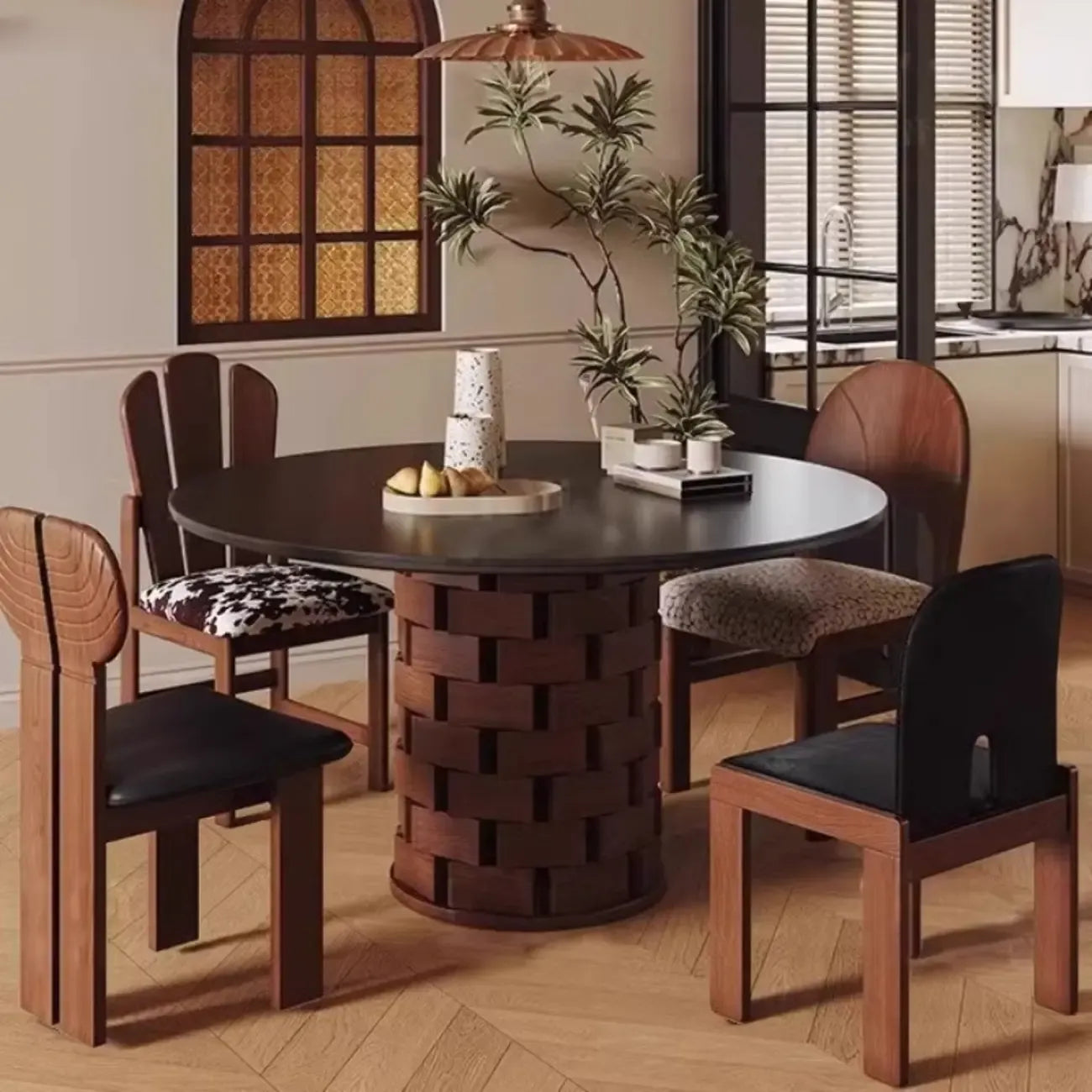 Modern Round Pedestal Dining Table with Slate Top
