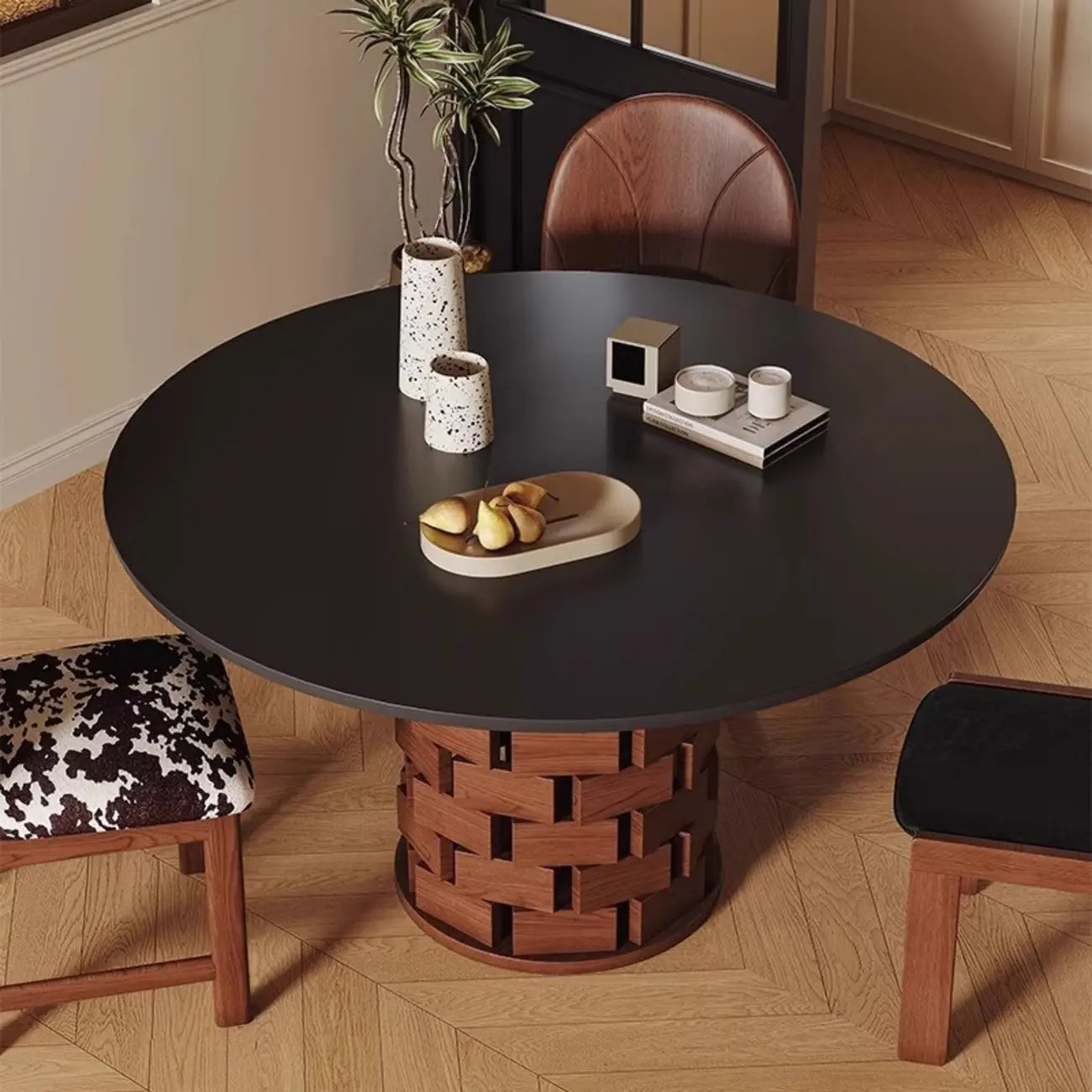 Modern Round Pedestal Dining Table with Slate Top