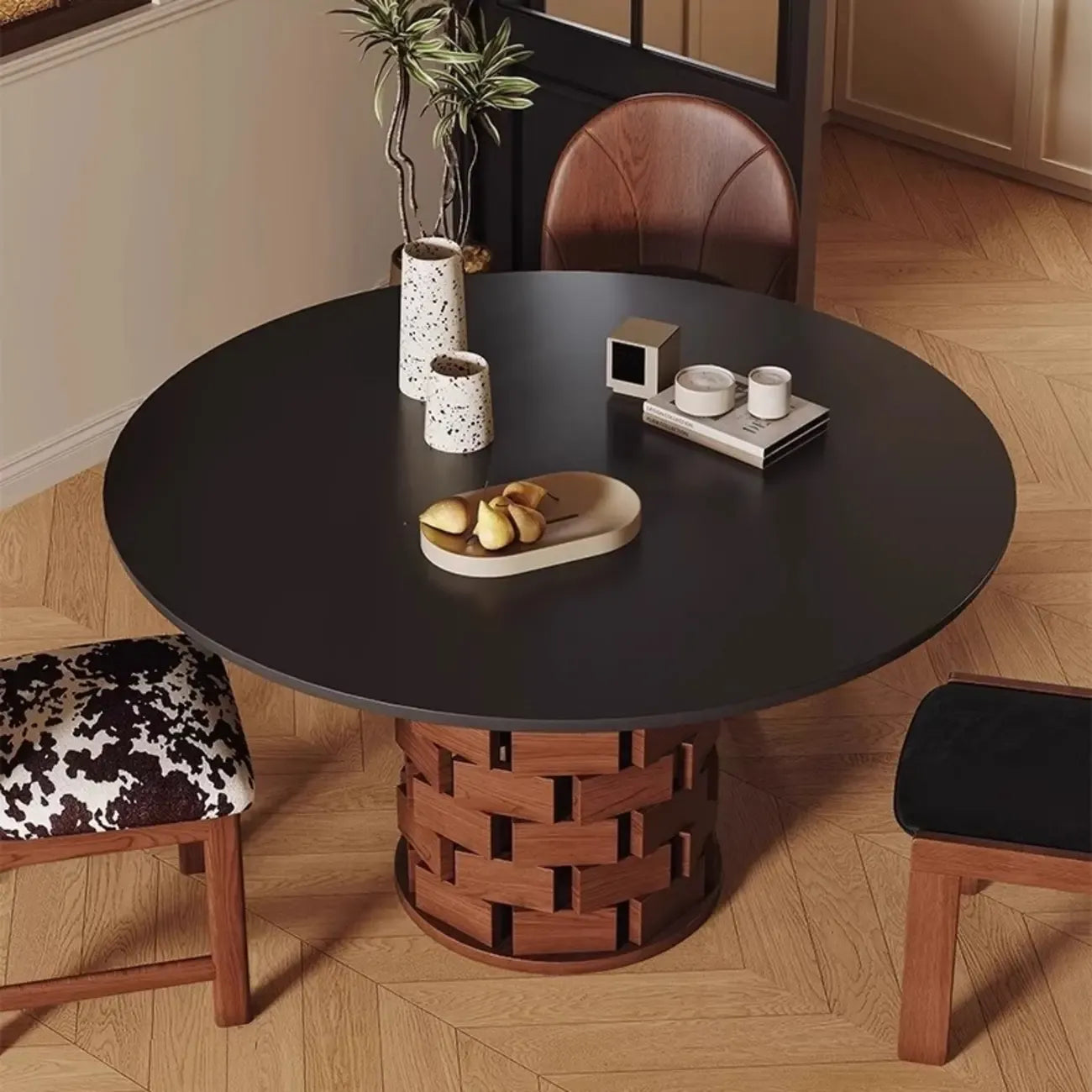 Modern Round Pedestal Dining Table with Slate Top