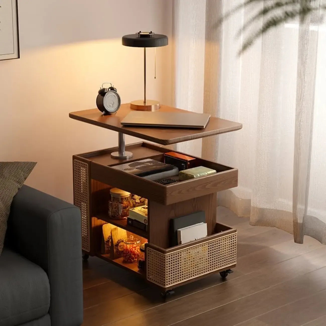 Swivel Tabletop Adjustable Wood Side Table with Wheels