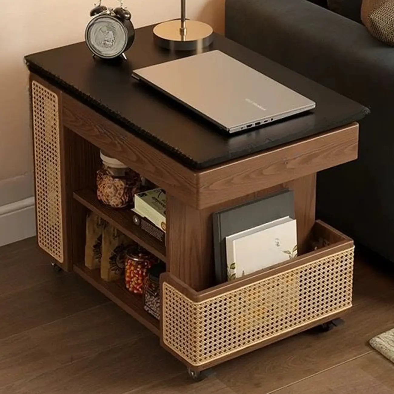 Swivel Tabletop Adjustable Wood Side Table with Wheels