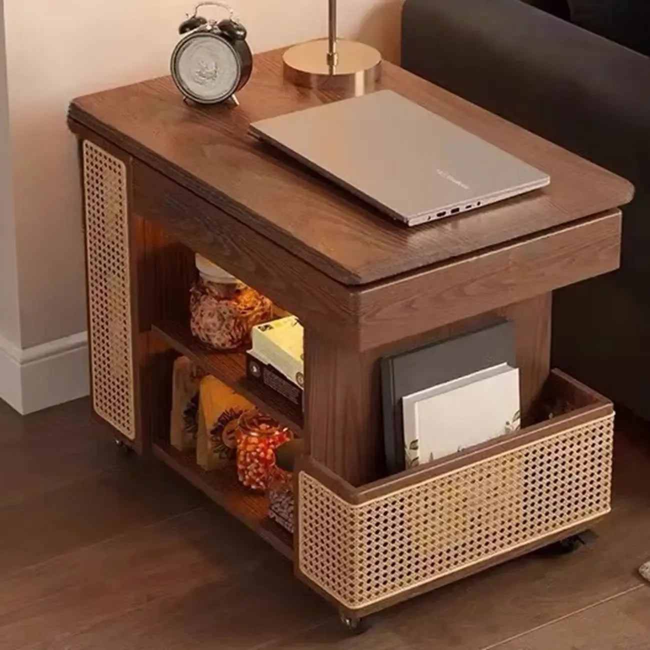 Swivel Tabletop Adjustable Wood Side Table with Wheels