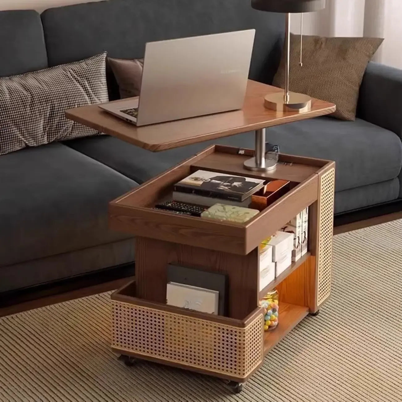 Swivel Tabletop Adjustable Wood Side Table with Wheels