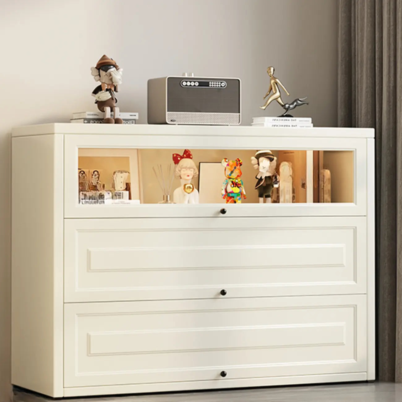 Chalk Vertical Bookshelves with 3 Cabinets, 3-Shelf Alloy Frame and Closed Back