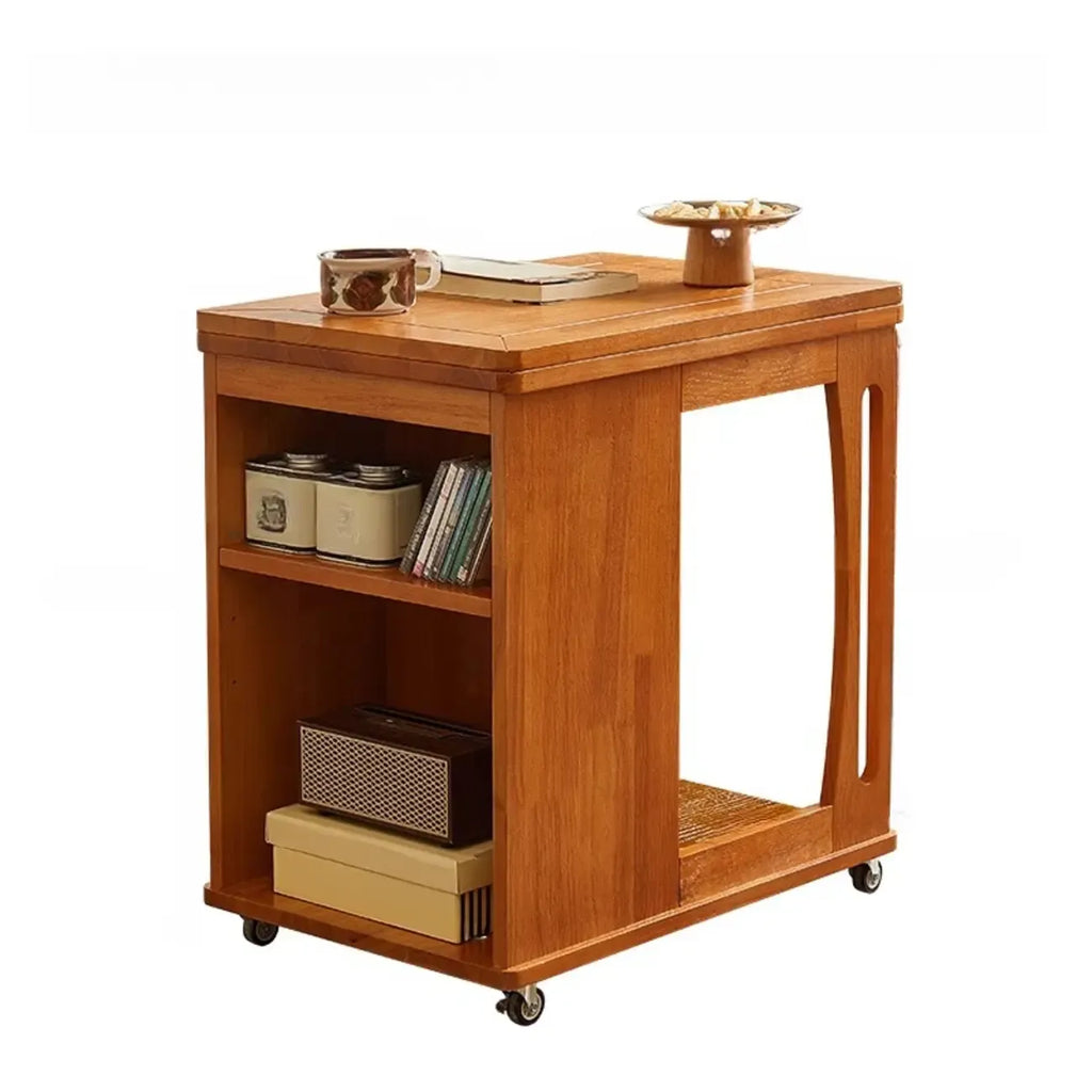 Folding Top Open Storage Wood Side Table with Wheels