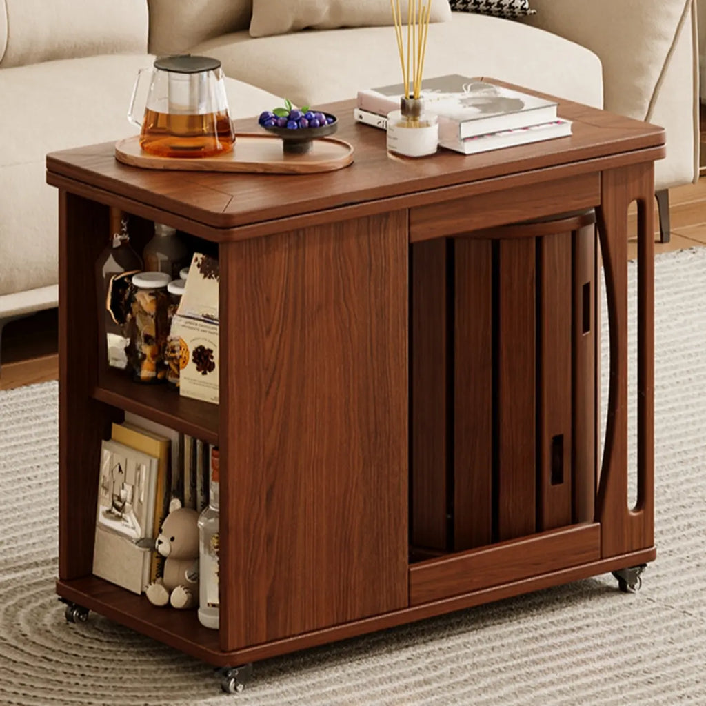 Folding Top Open Storage Wood Side Table with Wheels