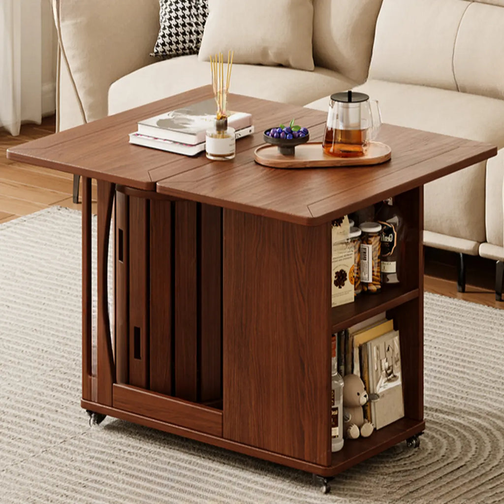 Folding Top Open Storage Wood Side Table with Wheels