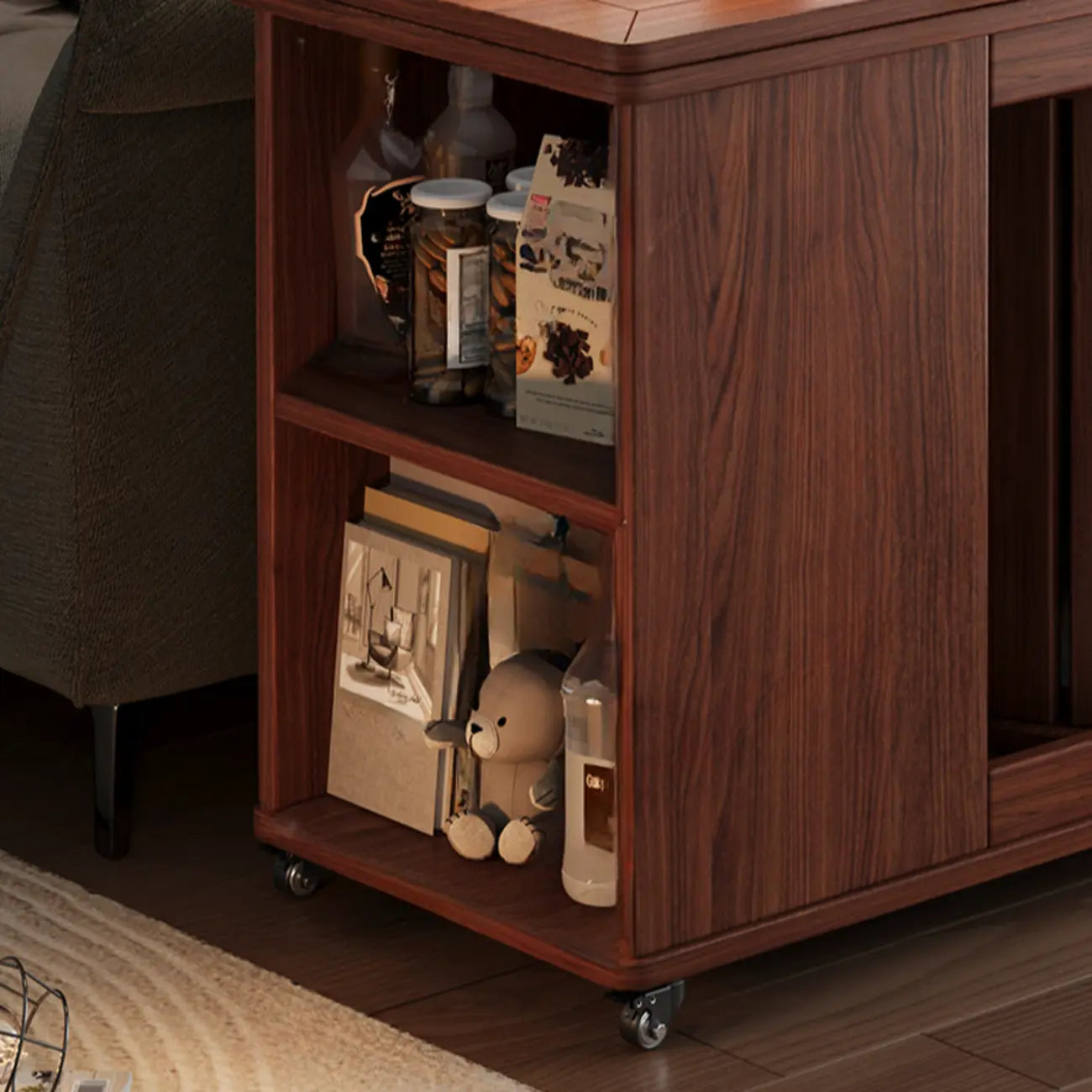 Folding Top Open Storage Wood Side Table with Wheels