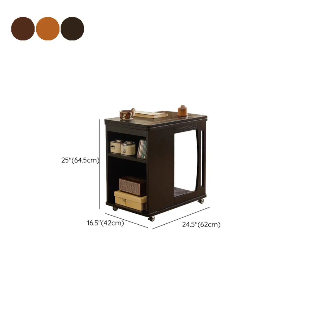 Folding Top Open Storage Wood Side Table with Wheels