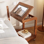 Adjustable Tabletop Wood C Shaped Side Table with Wheels