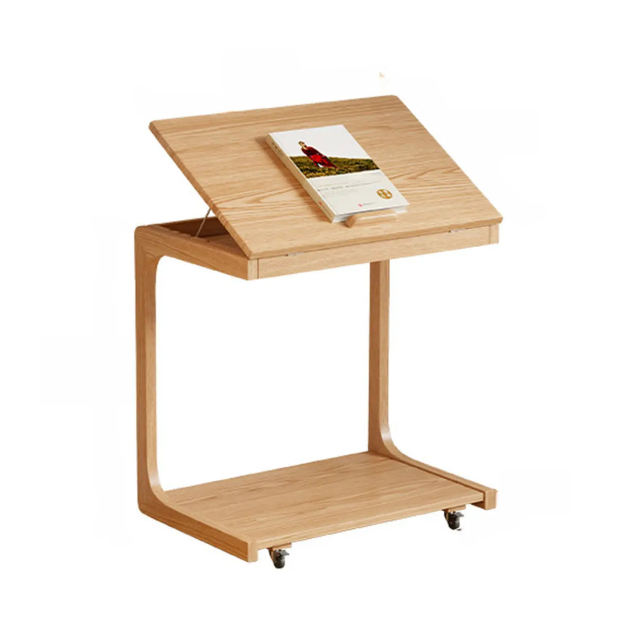 Adjustable Tabletop Wood C Shaped Side Table with Wheels