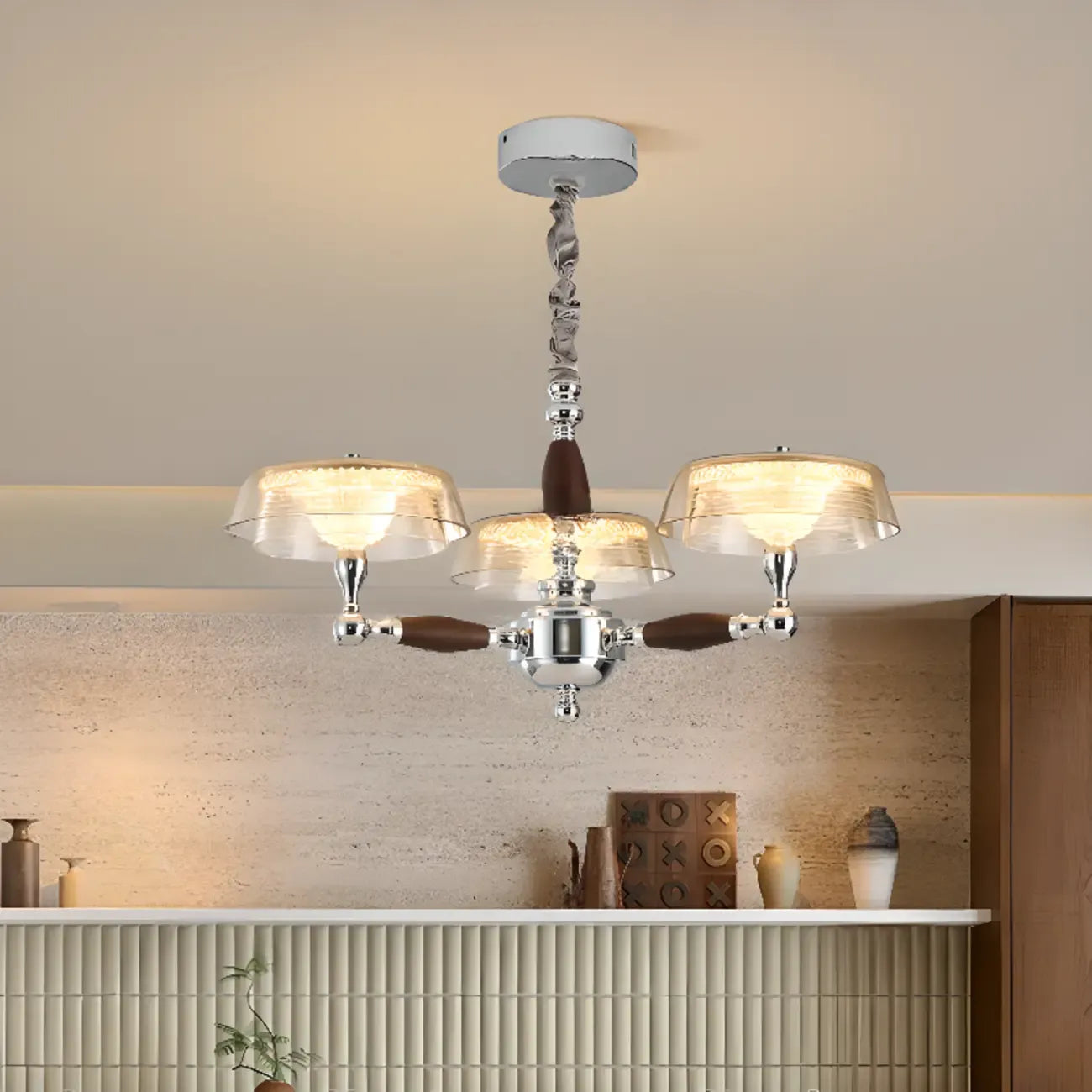 Brown Linear Wood Glass Modern Crystal Chandelier Light