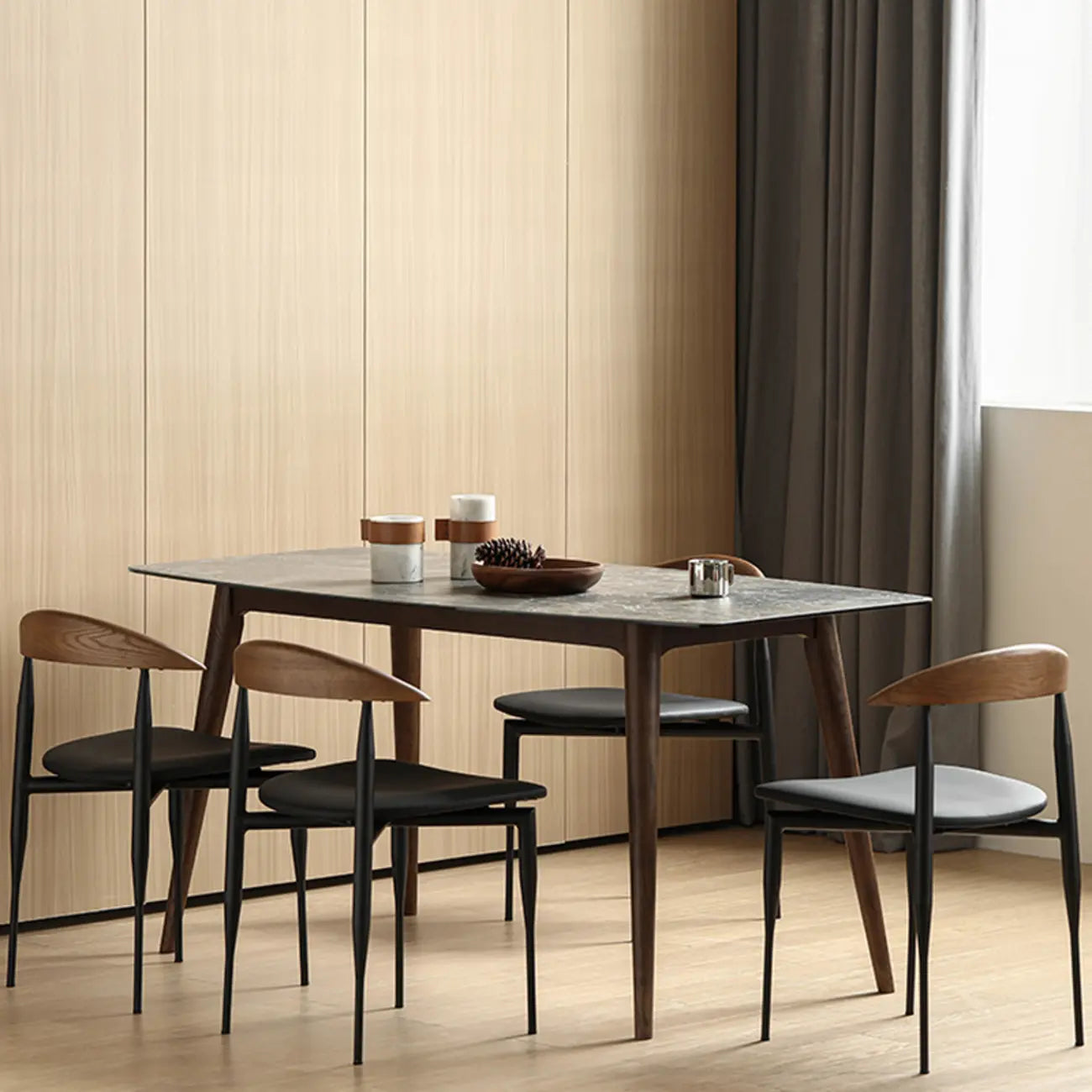 Mid-Century Modern Dining Chair with Black Leather Seat