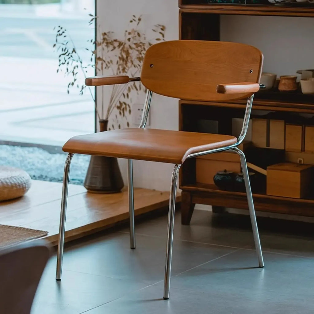 Retro Wooden Dining Chair with Armrests & Chrome Frame