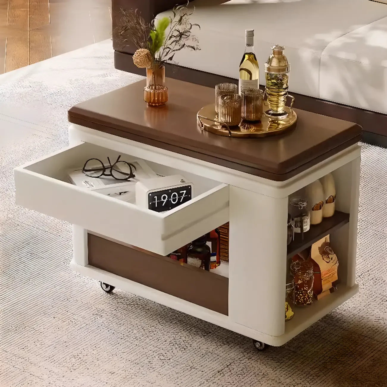 Multi-functional Wood Rolling Side Table Foldable Table Top