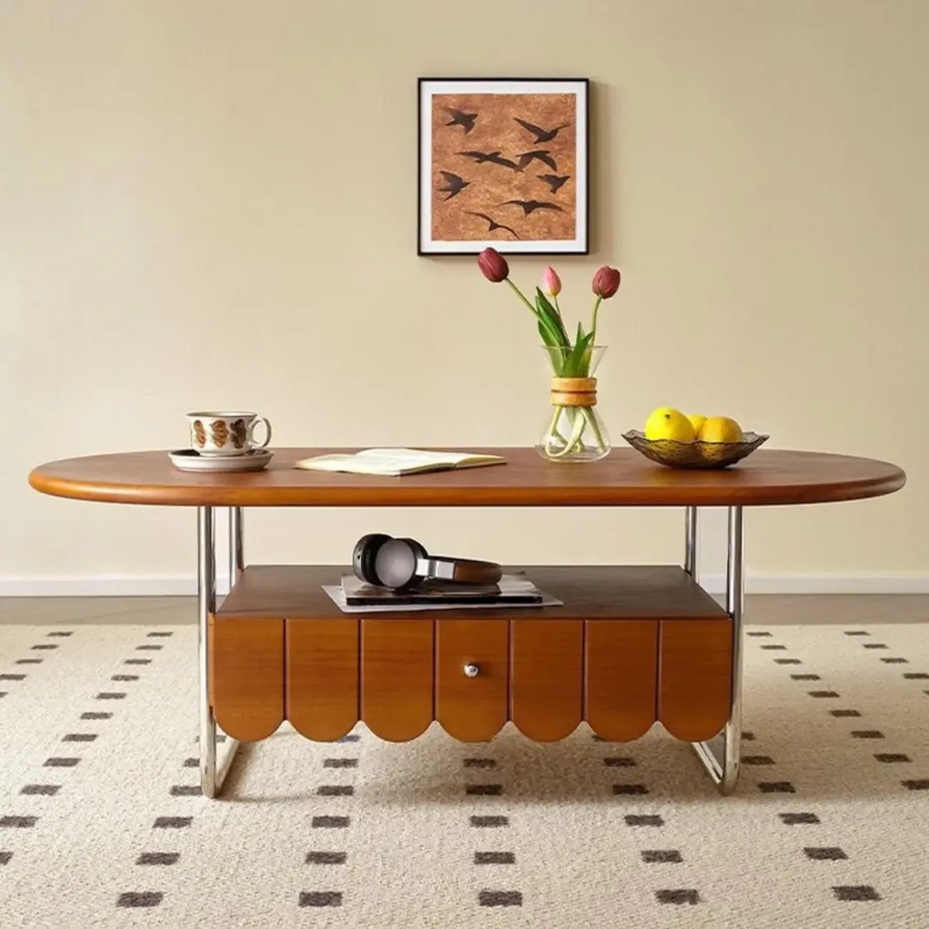 Oval Modern Wood Metal Sled Base Coffee Table
