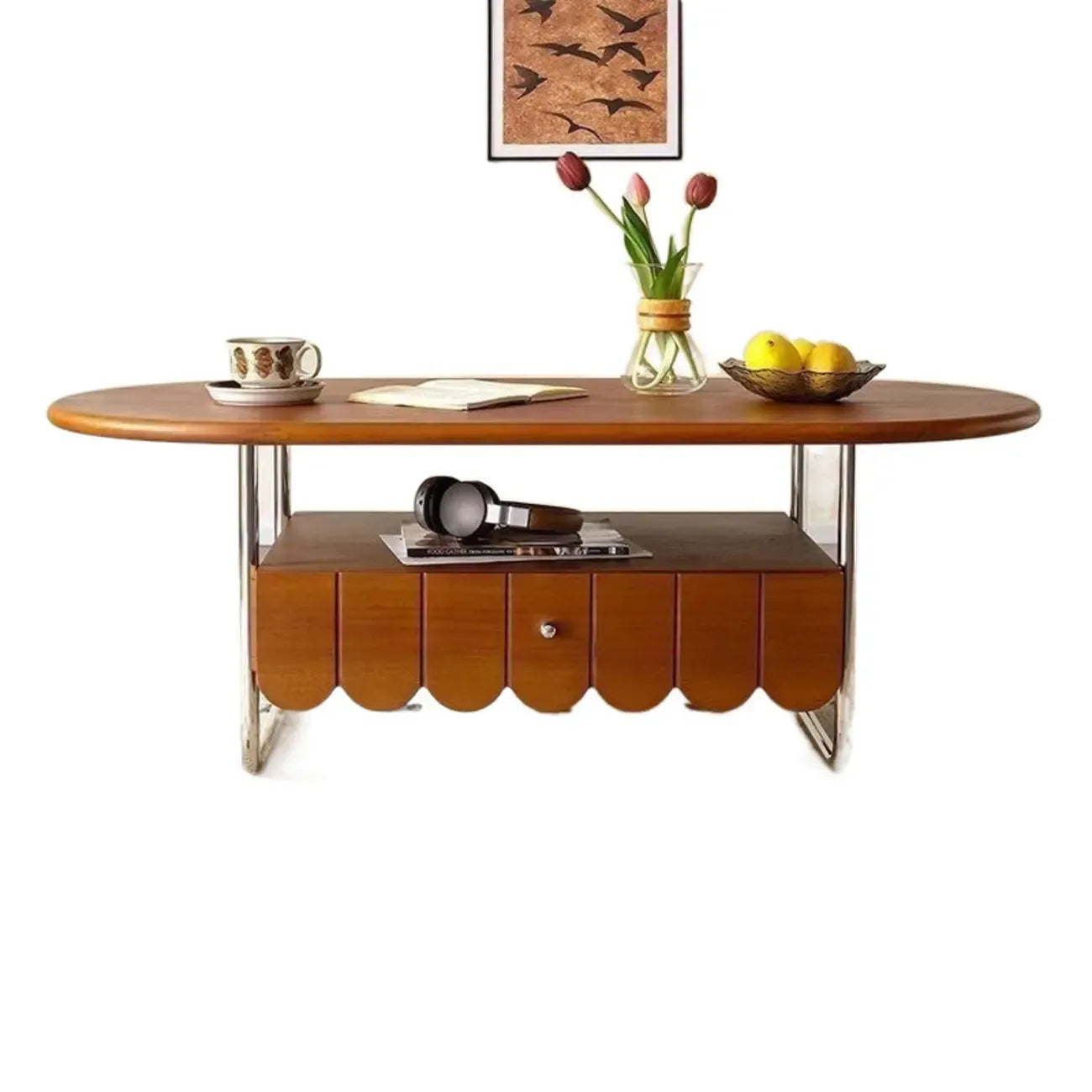 Oval Modern Wood Metal Sled Base Coffee Table
