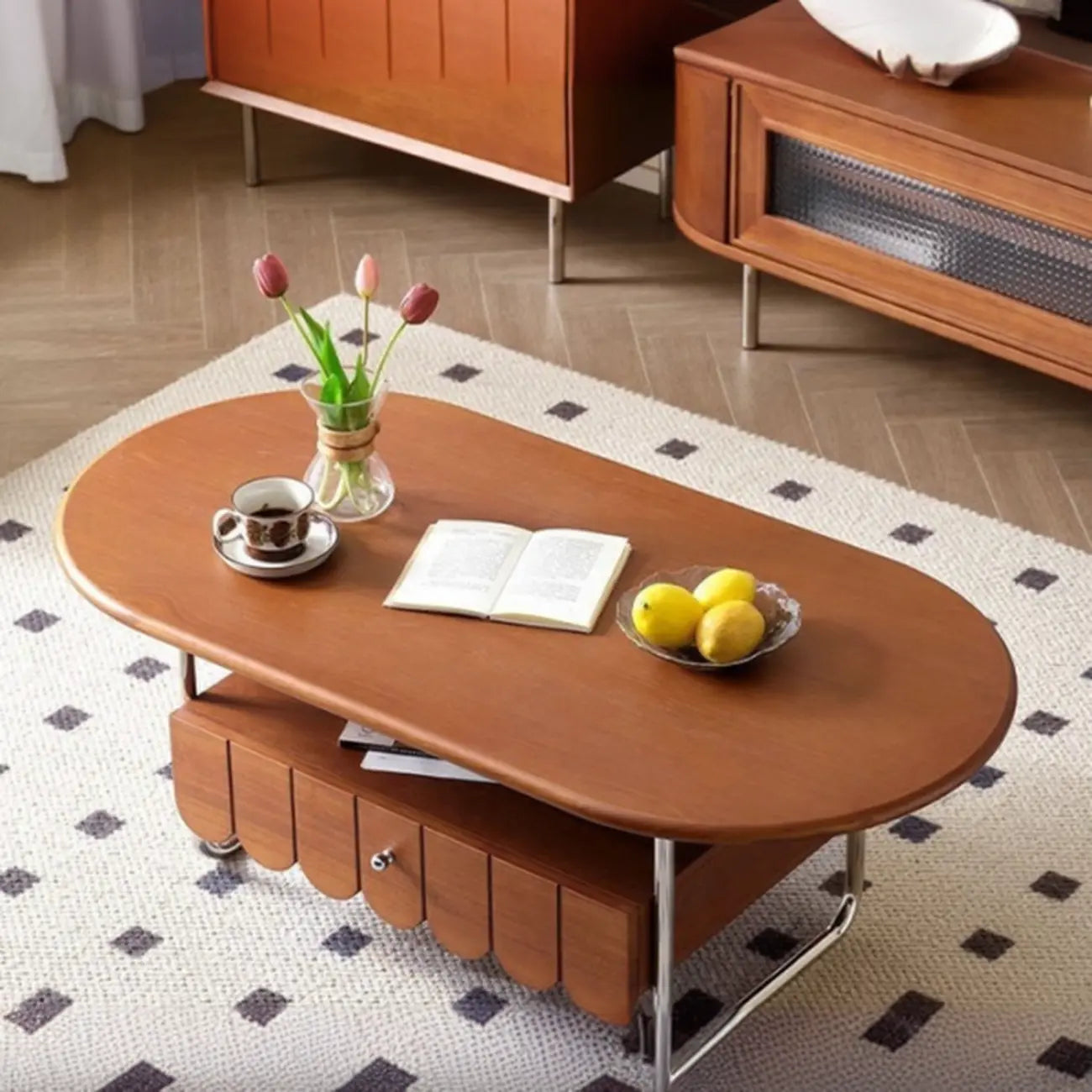 Oval Modern Wood Metal Sled Base Coffee Table