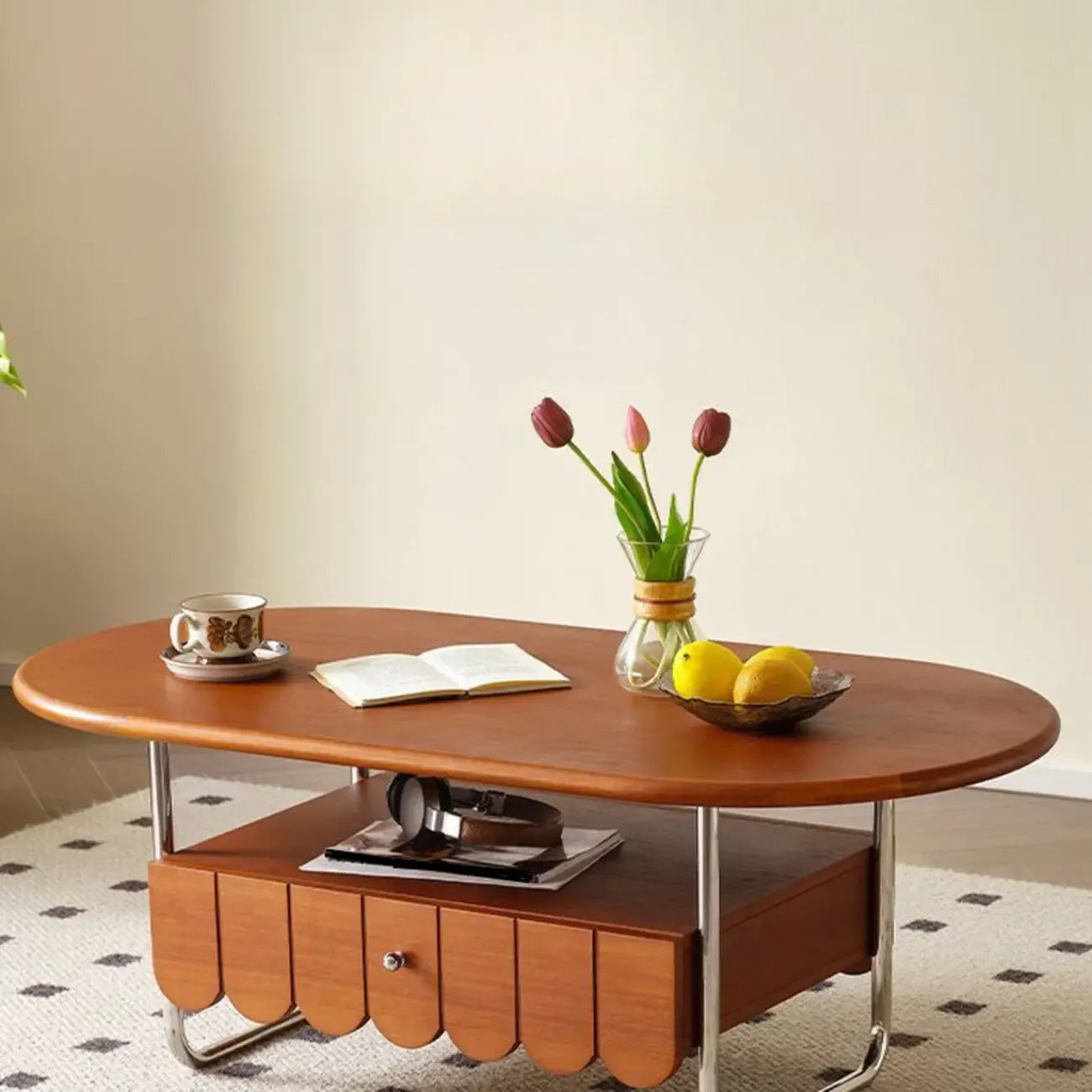 Oval Modern Wood Metal Sled Base Coffee Table