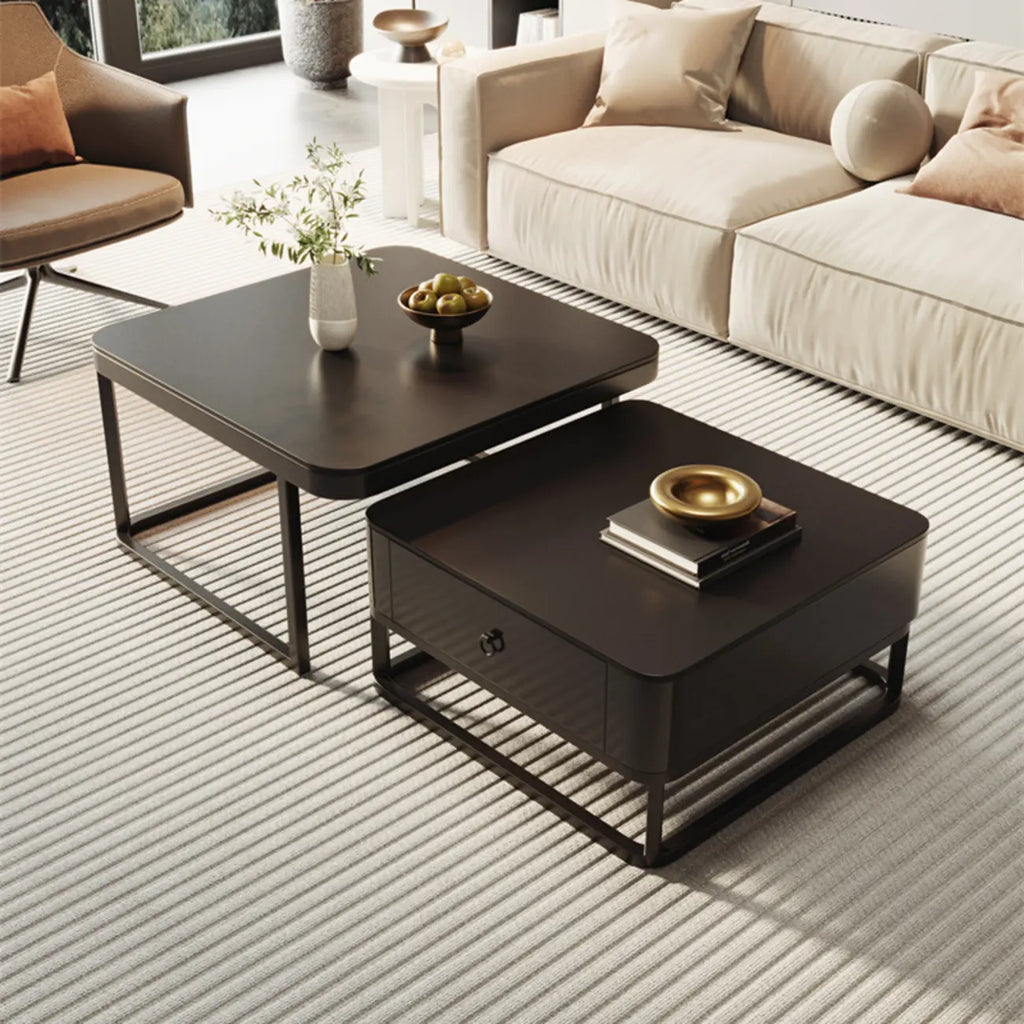 Modern Square Wood Stone Nesting Coffee Table