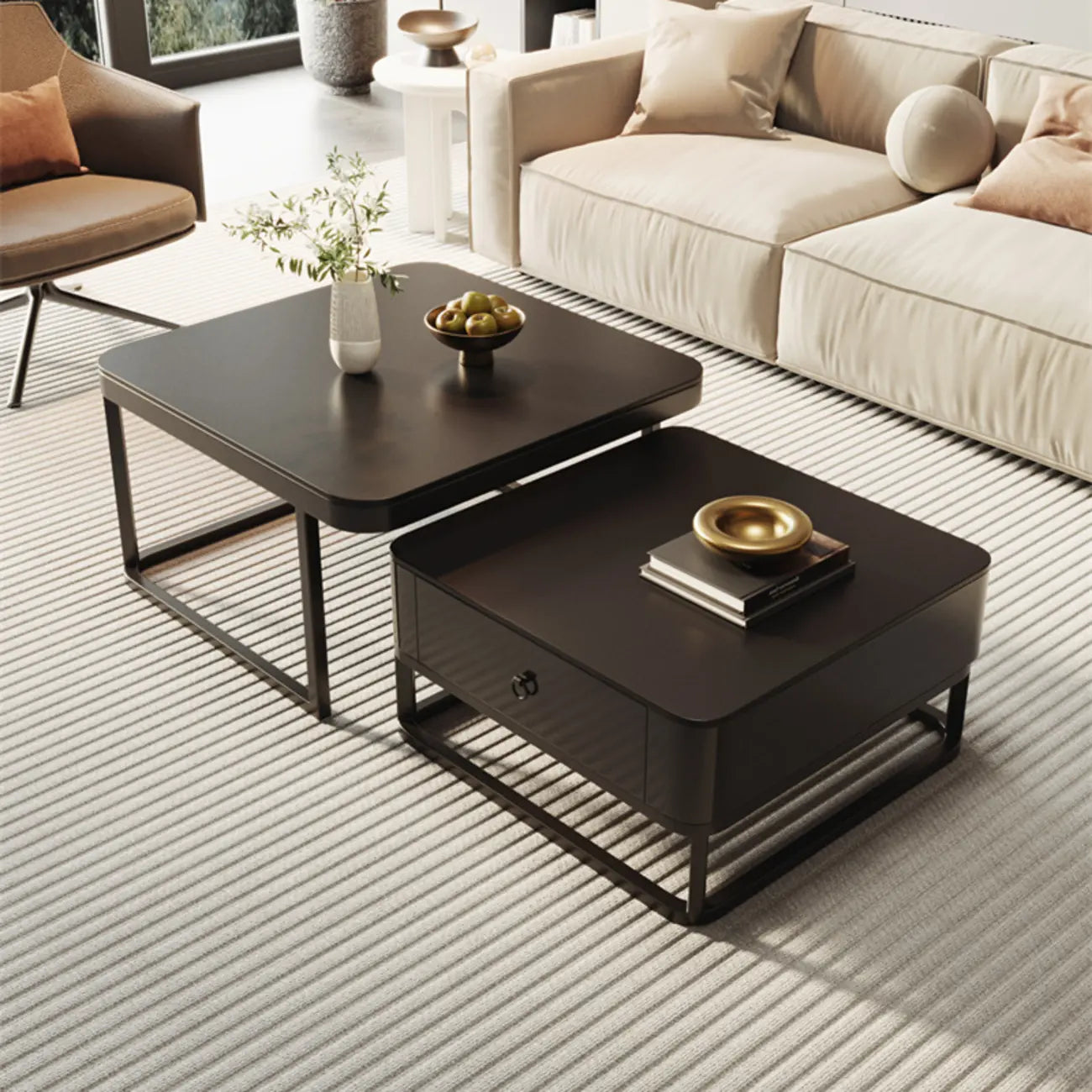 Modern Square Wood Stone Nesting Coffee Table
