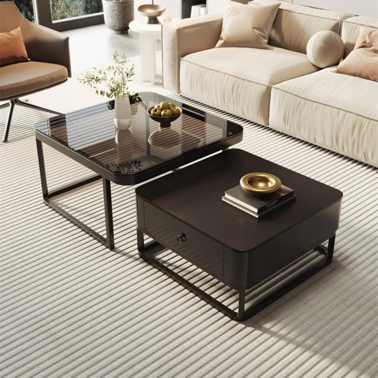 Modern Square Wood Stone Nesting Coffee Table
