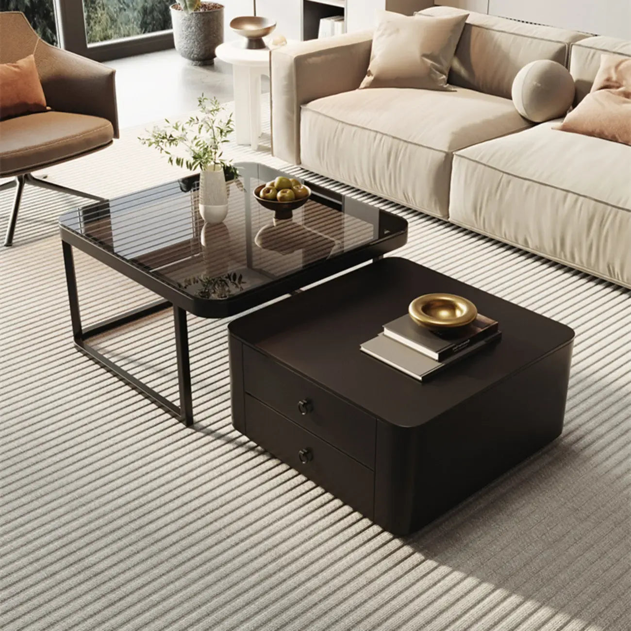 Modern Square Wood Stone Nesting Coffee Table
