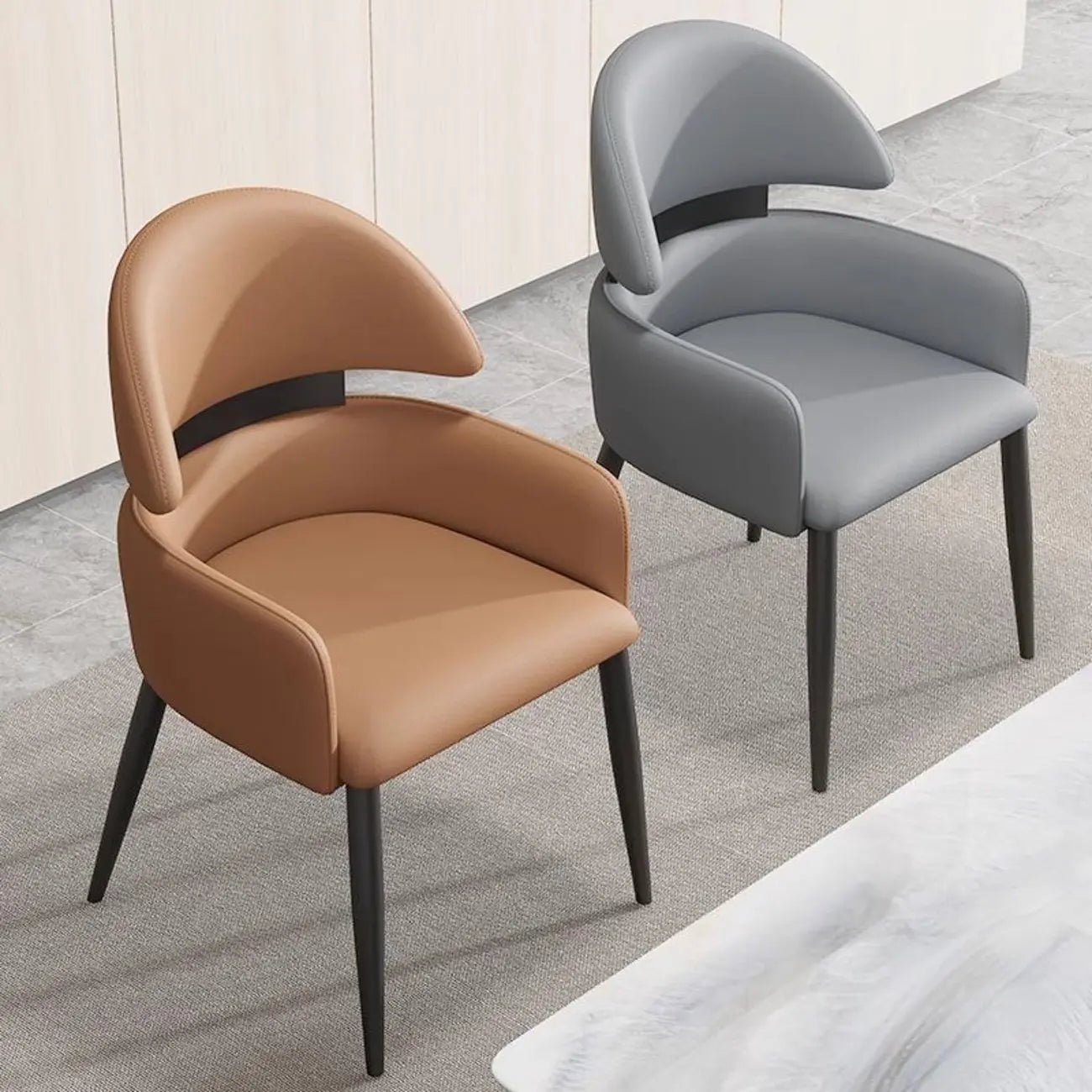 Brown Curved Back Anti-cat Scratch Leather Dining Chairs