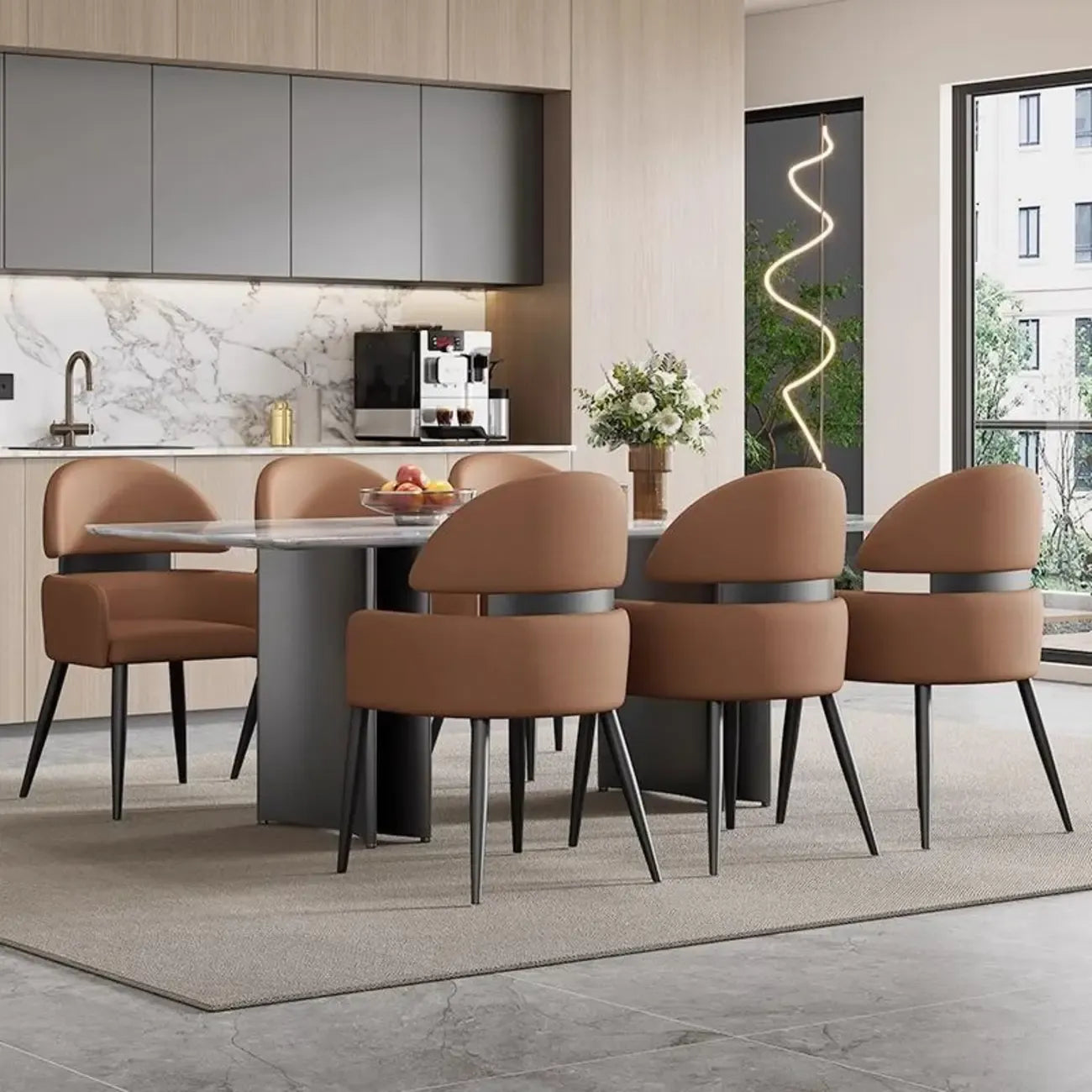 Brown Curved Back Anti-cat Scratch Leather Dining Chairs