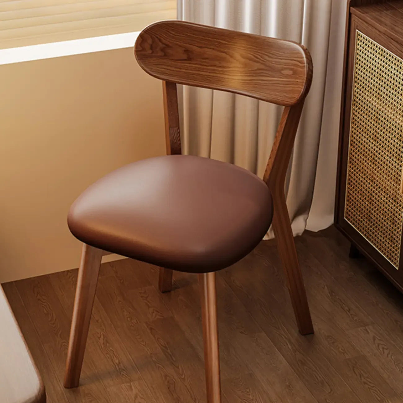 Walnut Wood Mid-Century Modern Upholstered Dining Chair
