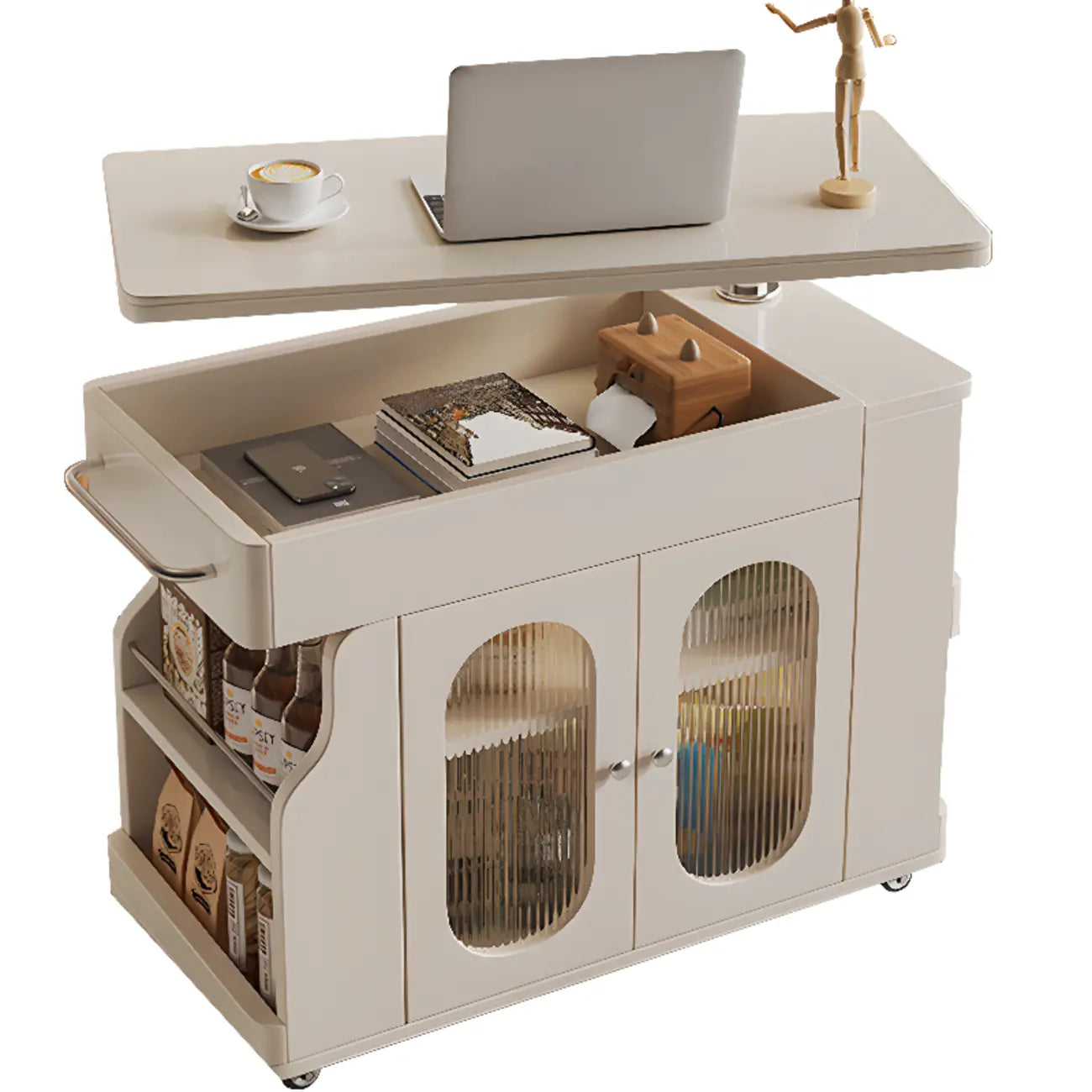 Multi-levelled Fold Away Chairside Table with Roller Wheels