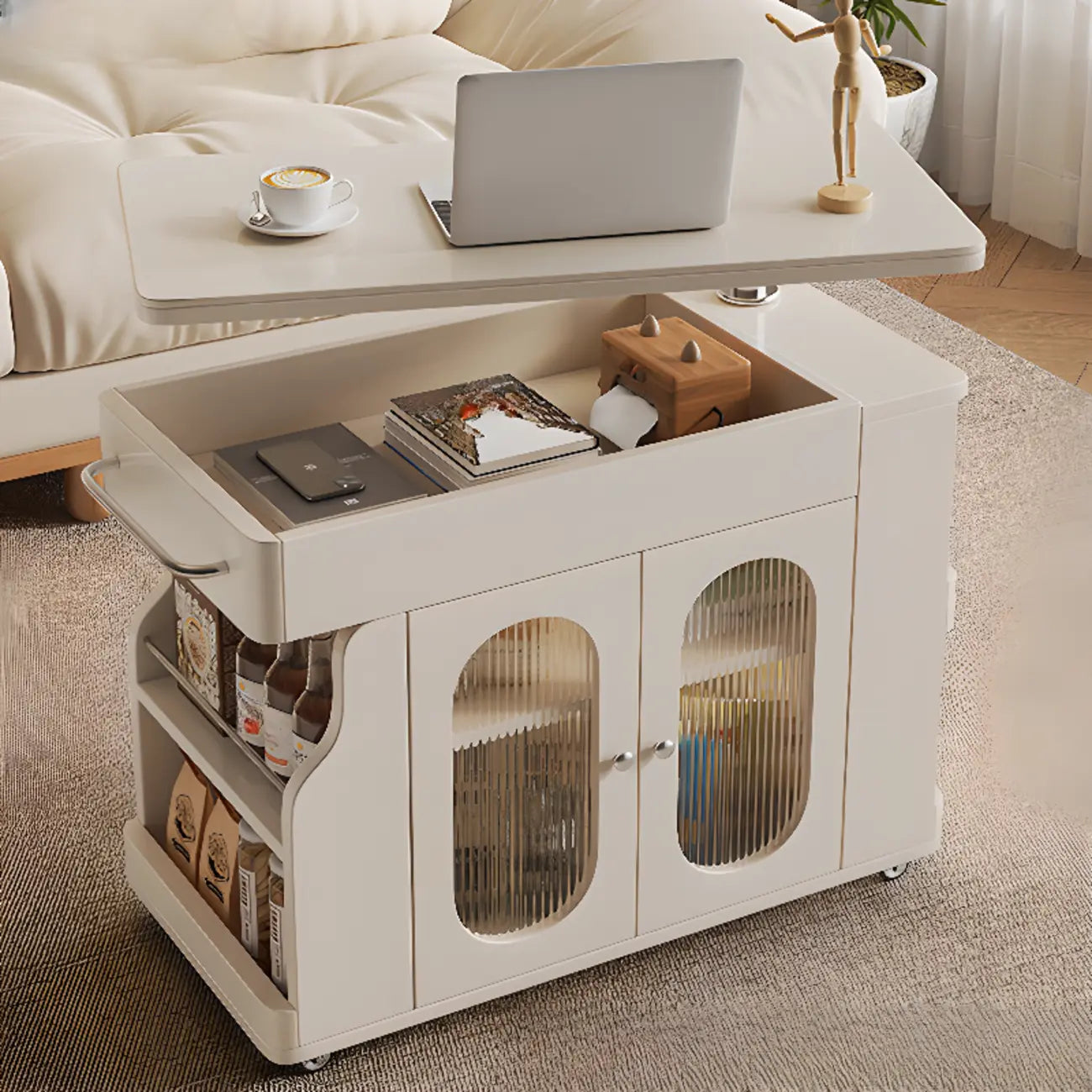 Multi-levelled Fold Away Chairside Table with Roller Wheels