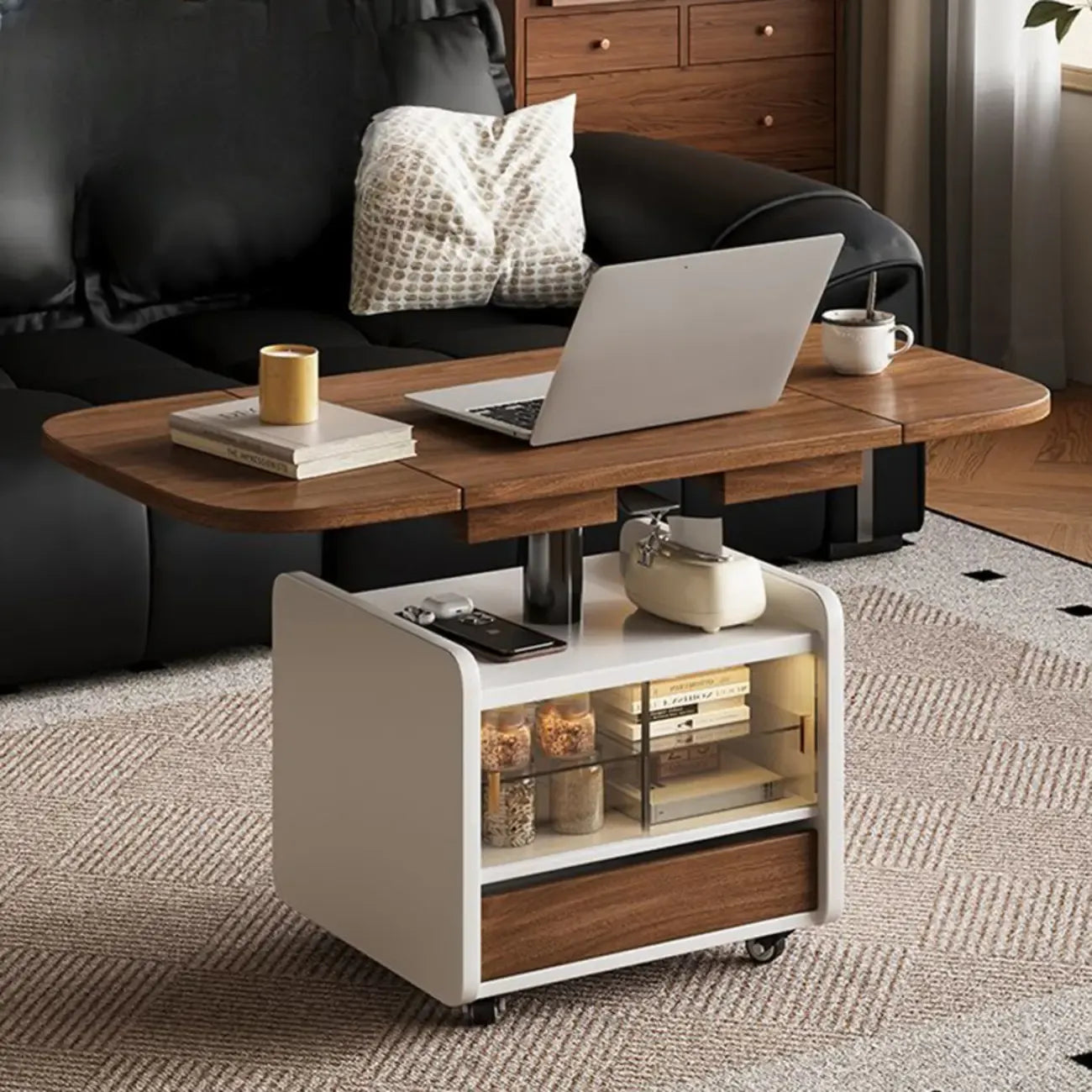 Multi-functional Modern Wood Coffee Table with Wheels