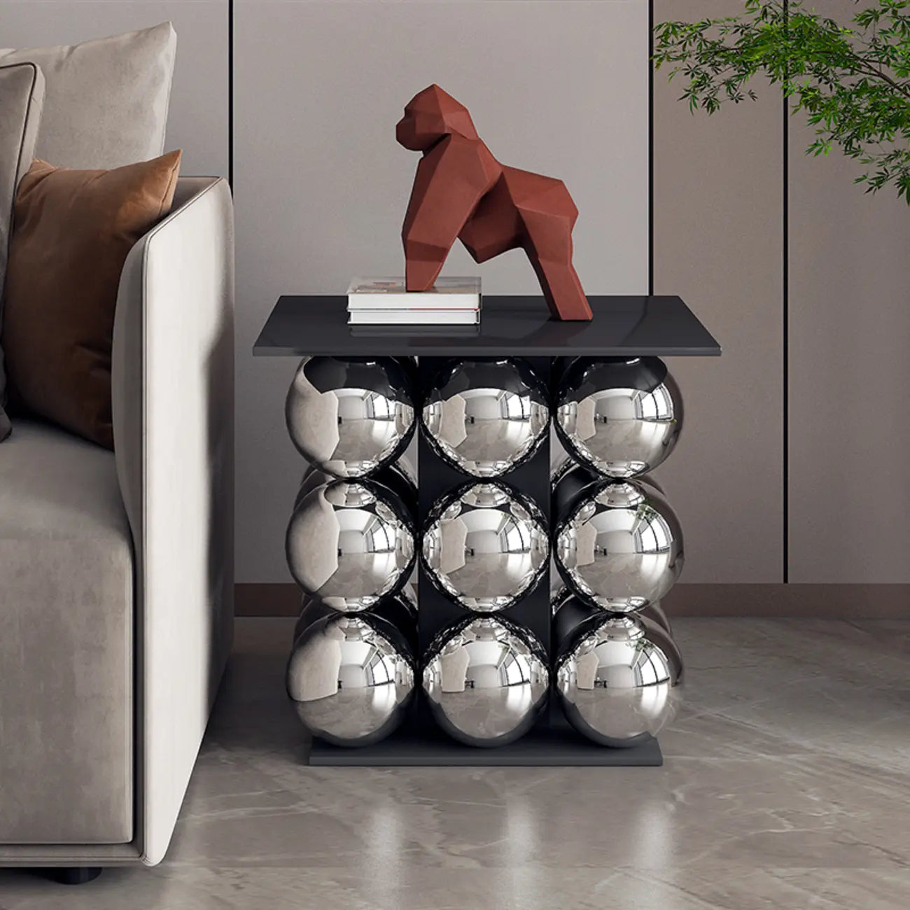 Artistic Modern Pedestal Metal Side Table with Stone Top