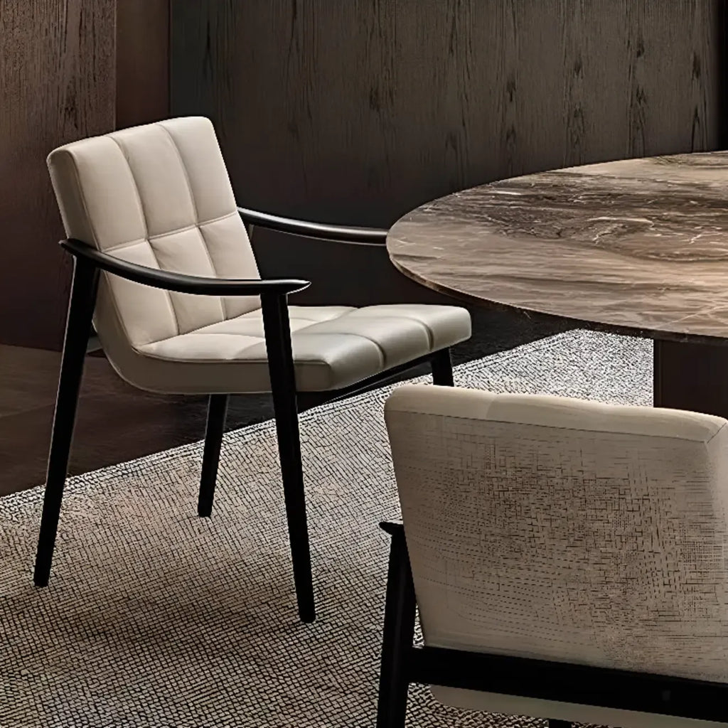 White Tufted Upholstered Wood Dining Chairs With Armrest