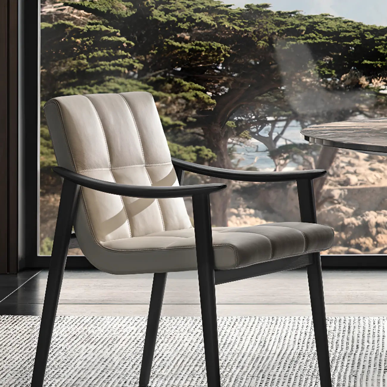 White Tufted Upholstered Wood Dining Chairs With Armrest