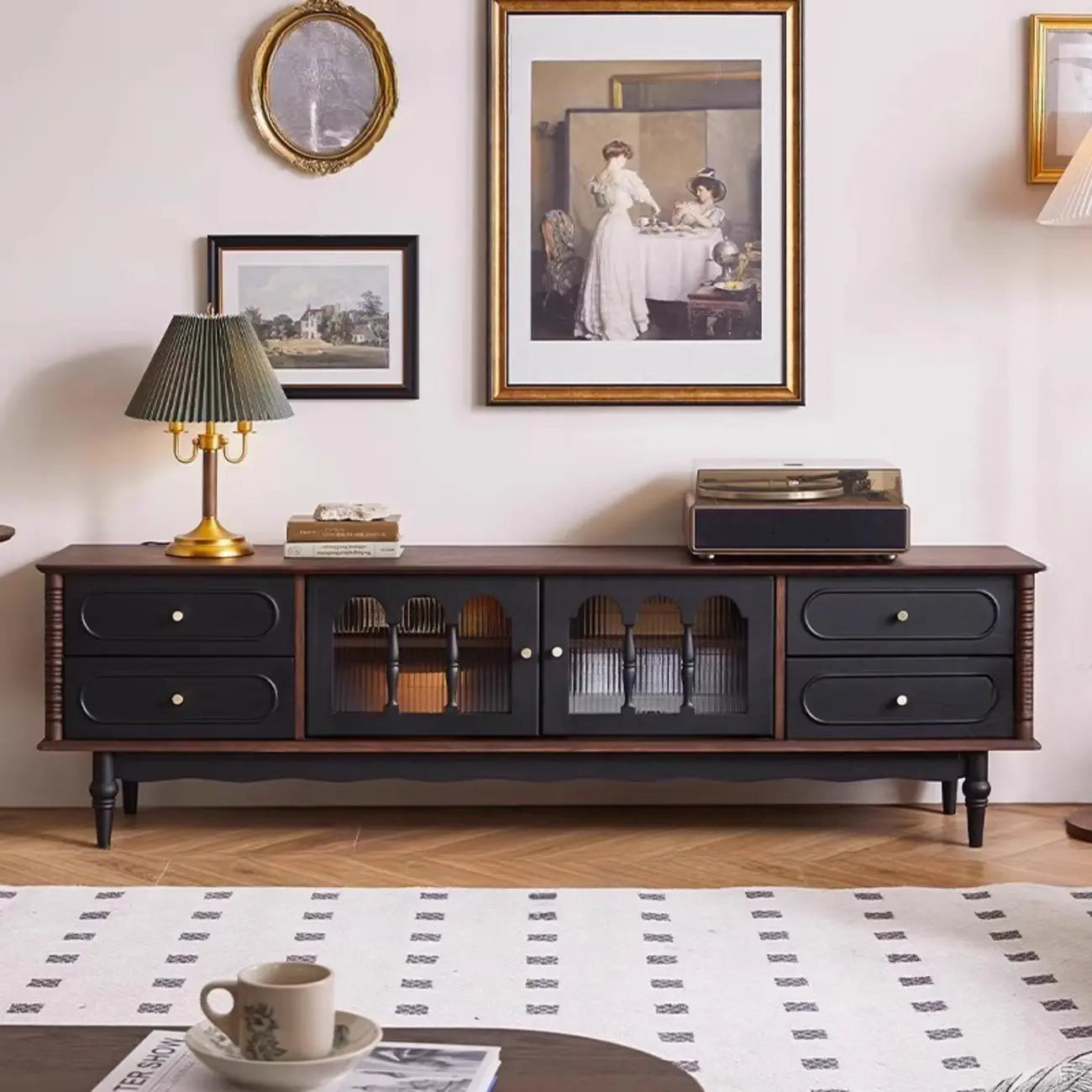 Cable Management Art Deco Wood TV Stand with Drawers