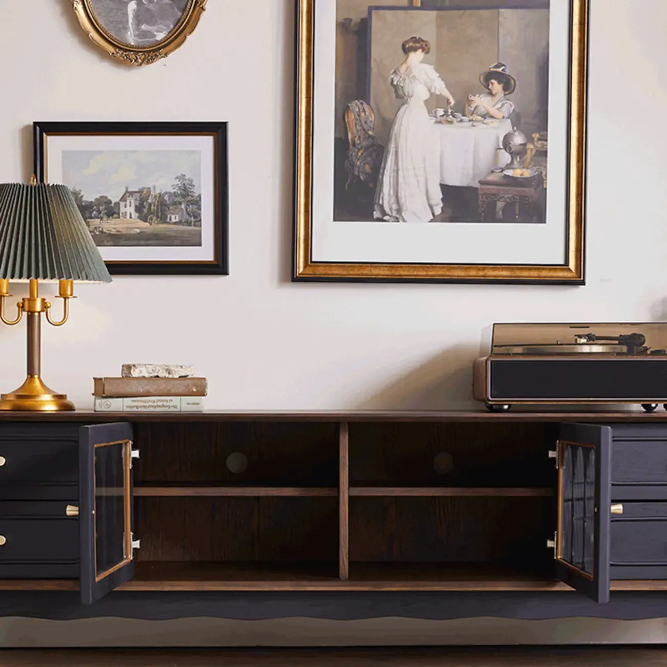 Cable Management Art Deco Wood TV Stand with Drawers