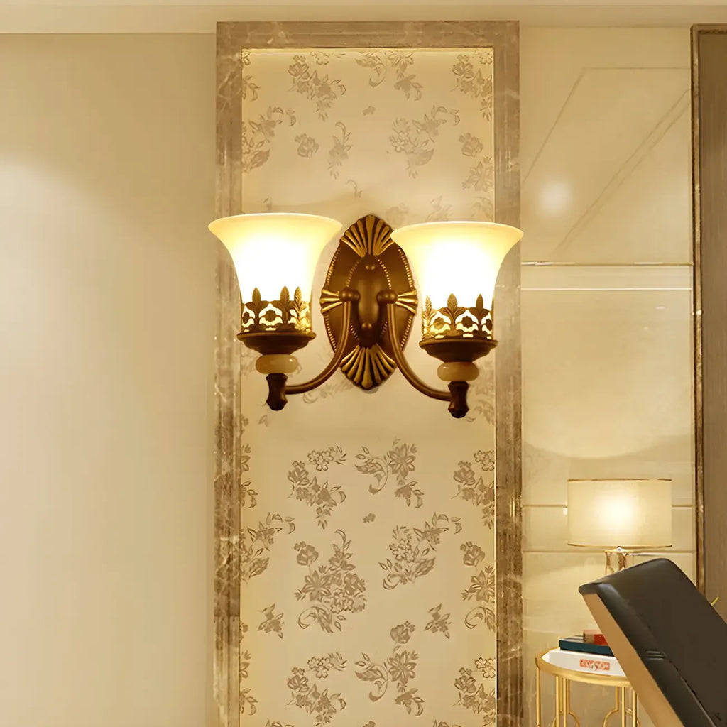 Dark Brown Metal Filigree Retro Flared Glass Wall Sconce