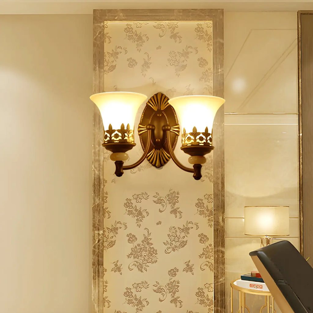 Dark Brown Metal Filigree Retro Flared Glass Wall Sconce