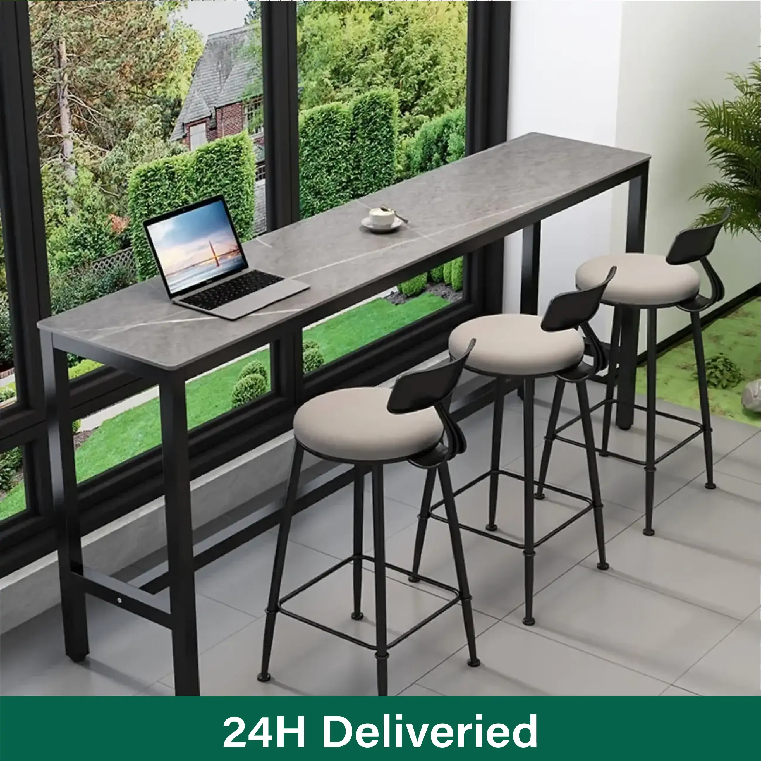 Modern Grey Stone Top Bar Height Table with Trestle Base